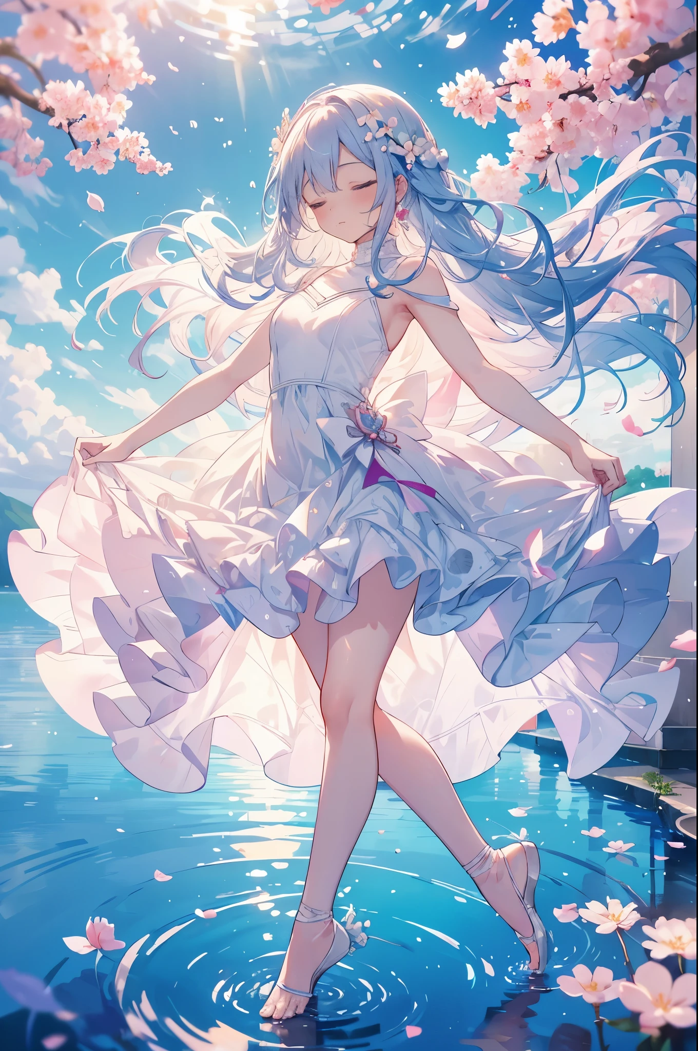 a woman wearing white ballet outfit dancing on water with lots of flowers, 1girl, reflection, long hair, dress, closed eyes, barefoot, solo, cherry blossoms, white dress, petals, ripples, water, arm up, hair ornament