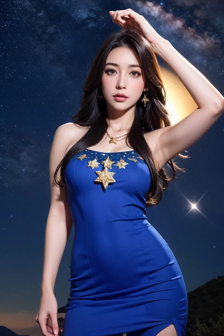 Highest quality, masterpiece, Realistic, High resolution, 8K RAW Photos, 1 person, Browsing Caution、Medium Long Hair、Star-decorated headband、((Glamour body:1.3))、(blue casual dress、Gold border)、(((Cheeky Pose)))、(Hill where you can see the night sky)、(UFO in the starry sky:1.2）、Aphrodite、goddess