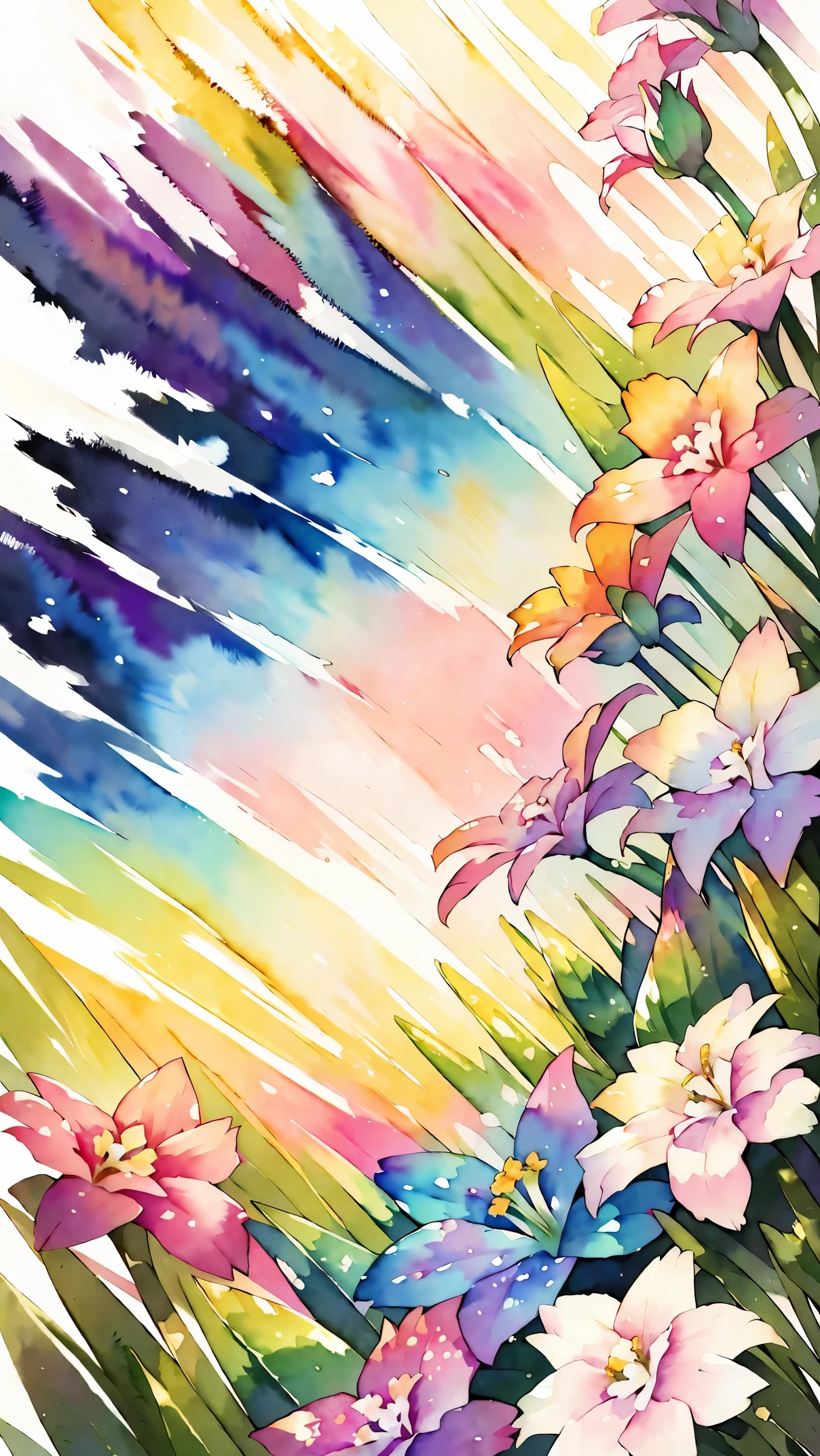 (8K, RAW photo, 最high quality, masterpiece:1.2), (watercolor painting), Flowers flutter, ((Colorful, Primula Julian)), ((Extreme background bokeh, high quality, surreal, bright colors, ((very detailed))