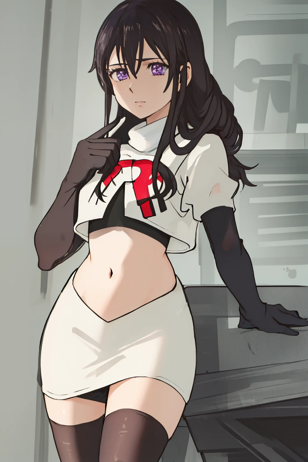 best quality, masterpiece, highres, solo, {aihara_mei_citrus:1.15}, black_hair, long_hair, purple_eyes, hair_between_eyes, 1girl, looking_at_viewer, team rocket,team rocket uniform, red letter R, white skirt,white crop top,black thigh-highs,black elbow gloves