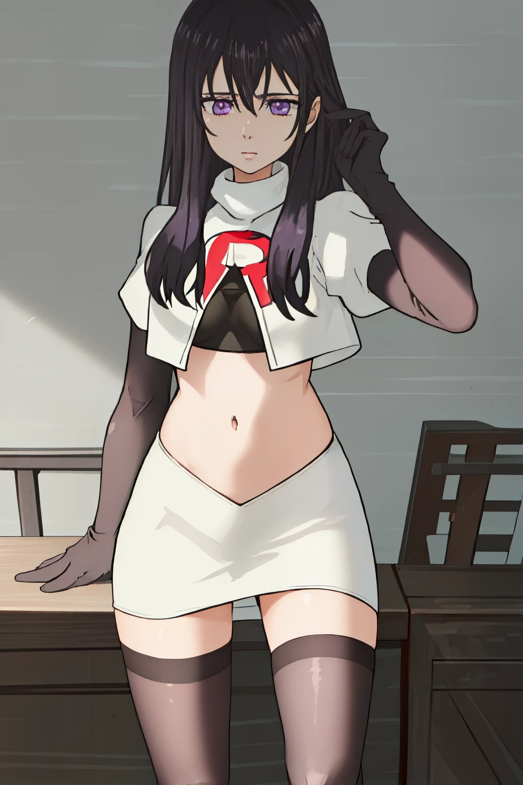 best quality, masterpiece, highres, solo, {aihara_mei_citrus:1.15}, black_hair, long_hair, purple_eyes, hair_between_eyes, 1girl, looking_at_viewer, team rocket,team rocket uniform, red letter R, white skirt,white crop top,black thigh-highs,black elbow gloves