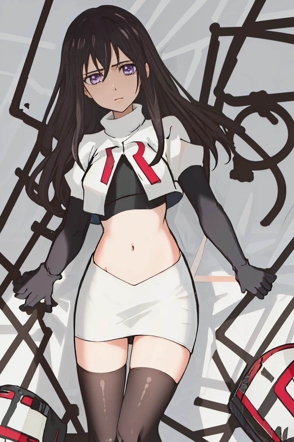 best quality, masterpiece, highres, solo, {aihara_mei_citrus:1.15}, black_hair, long_hair, purple_eyes, hair_between_eyes, 1girl, looking_at_viewer, team rocket,team rocket uniform, red letter R, white skirt,white crop top,black thigh-highs,black elbow gloves