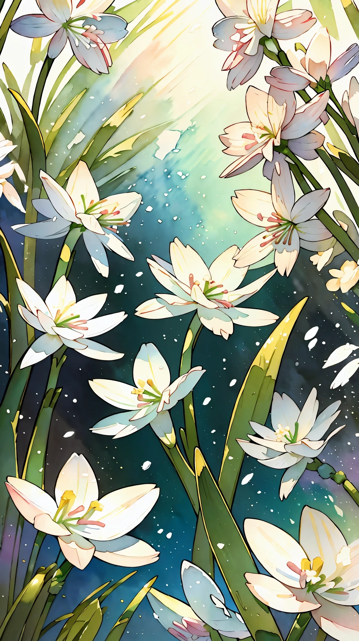 (8K, RAW photo, 最high quality, masterpiece:1.2), (watercolor painting), Flowers flutter, ((Beautiful blooming snowdrops)), ((Extreme background bokeh, high quality, surreal, bright colors, ((very detailed))