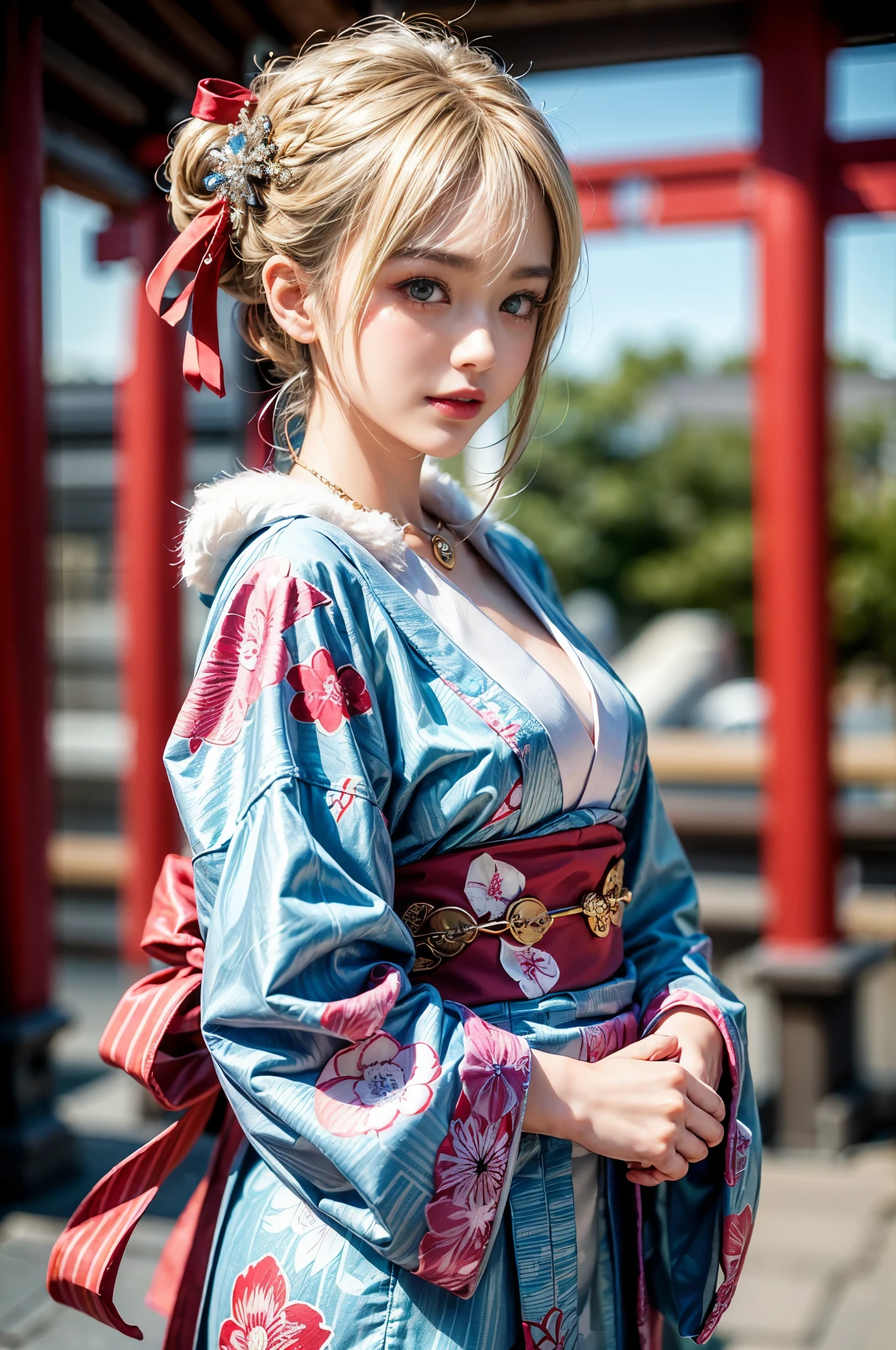 (front focus、perfect anatomy:1.5)、(super detailed、16k quality、immature、real skin: 1.6)、hyper realist、real.cinematic lighting、highly detailed face、1 beautiful thai girl、 （14 years old beautiful Thai and 日本 half girl、18-year-old、smile:1.3）（blonde and gold hair color、kimono style hairstyle、big slit eyes、eye shadow、eyeliner、green color contact lenses:1.5）(Luxurious Japanese clothing hair decoration:1.2)blonde、silver hair、flashy gal makeup（unbalanced chest:1.4）sunburn、eyeliner、red lips.BREAK.Japanese clothes with gorgeous patterns、and dress up in beauty、Luxurious Japanese kimono based on red:1.2、(Wrap elegant white fur around your neck:1.2)
break.（sunny morning、Visit a large shrine in Kyoto）（In front of the torii gate of a gorgeous Japanese shrine、Many people々）movie spotlight、whole body