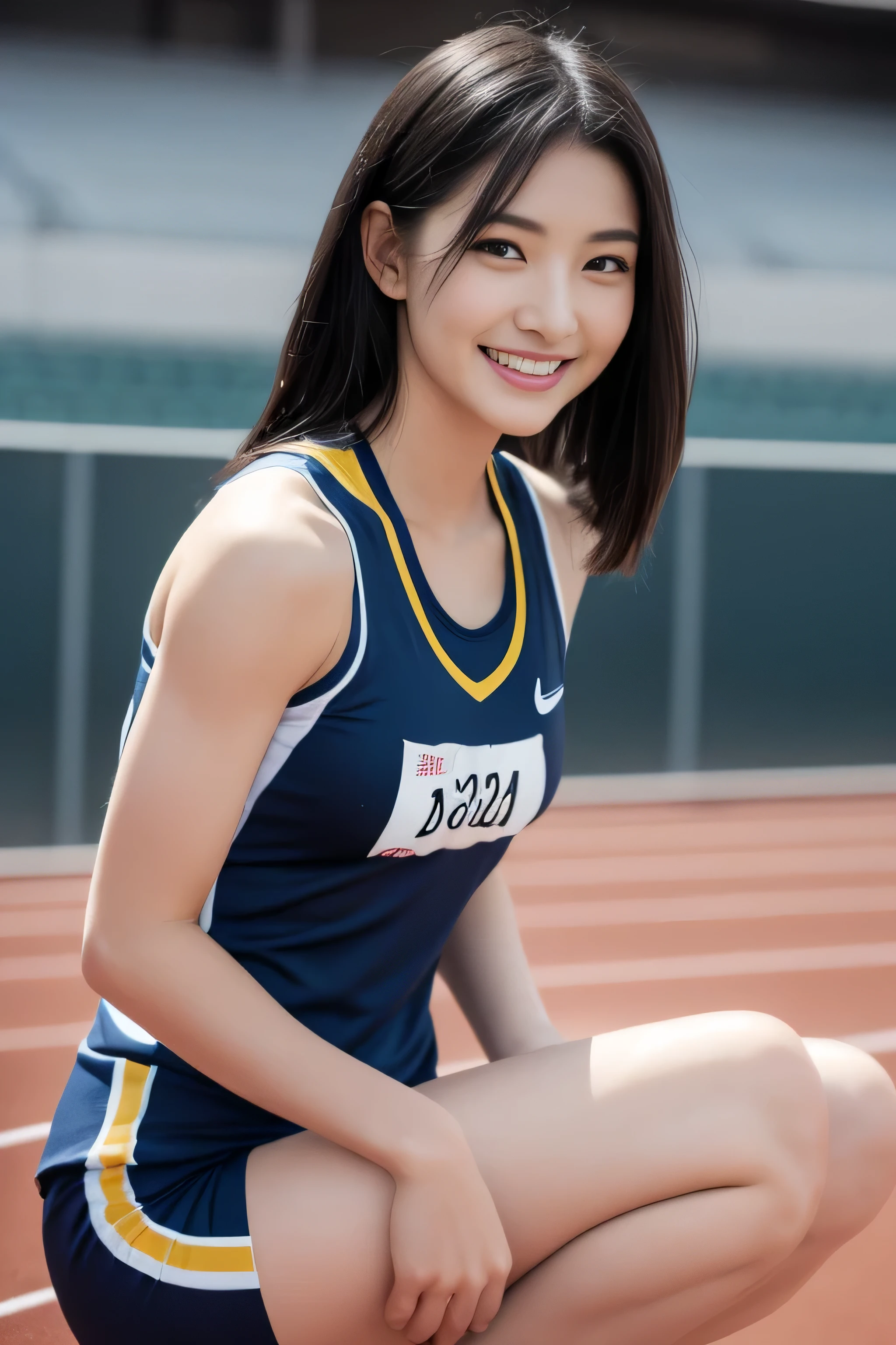 (((full bodyesbian)))、japanese beauty girl、(((track and field uniform)))、((Glossy shoulder-length black hair))、Posing、hairarmpits、Wet body、Sweaty body、Perfect style、beauty legs、kawaii、((Track & Field Athletes Women))、(((1人)))、((stadium))、Transcendent cute、A slight smil、Beautiful breastull bodyesbian、athletic field、((Outstanding style))、((Healthy body))、 Photorealsitic、Beautiful detailed eyes、Hyper-Realism、highcontrast、Ultra HD、realistic skin textures、Top image quality、top-quality、超A high resolution、Fine details、Very meticulously