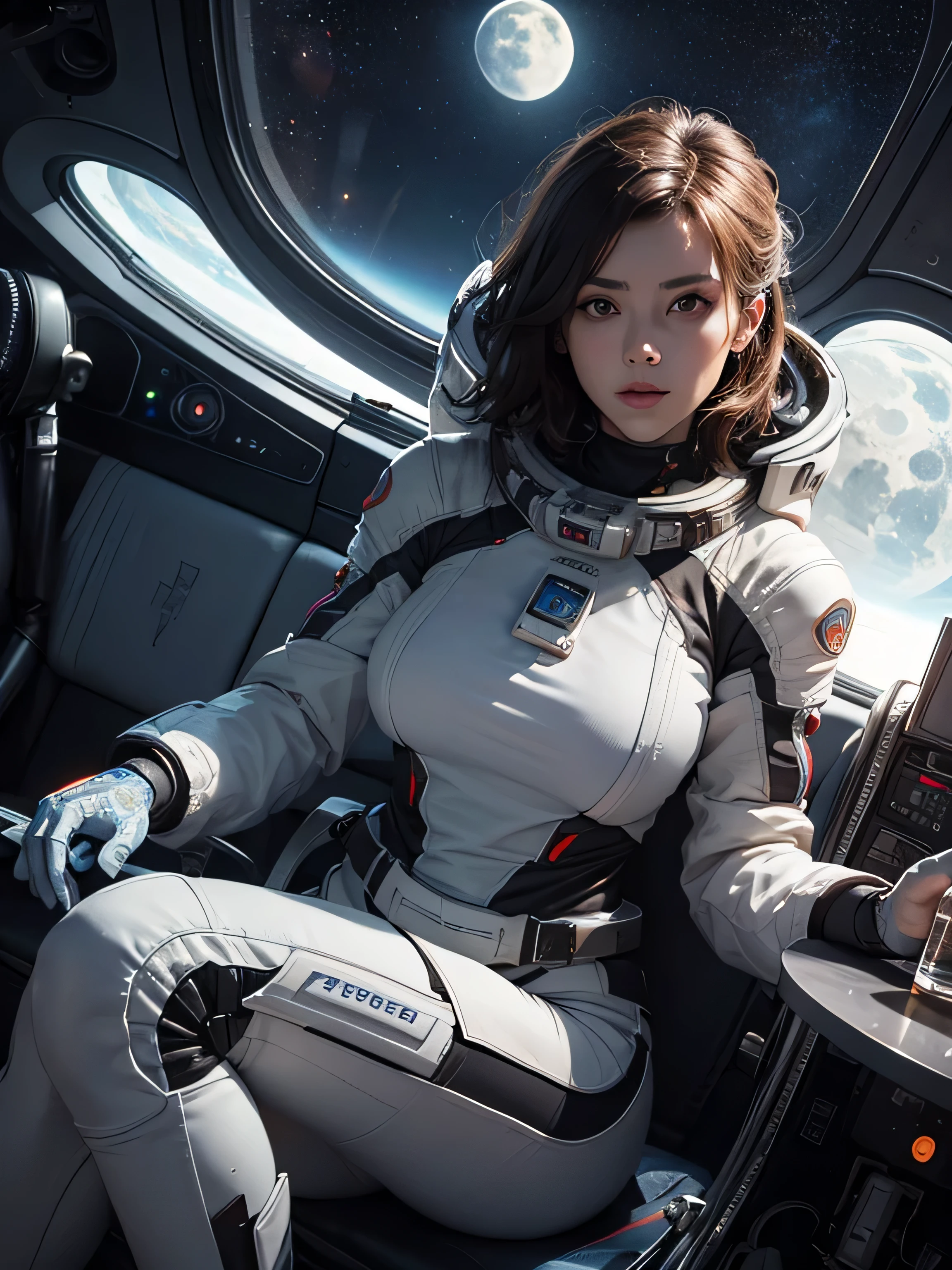 Unbeatable masterpiece, Ultra photo realsisim, Perfect artwork, Intricate details, Best quality, Strong light , High contrast, Dynamic pose, Dutch angle , Solo , Large breasts , 1girll , (Spacesuit:1.1) ,Staravia , Floating hair , Science fiction , in a space ship , Console , Sit in front of the console , Sci-fi ornaments , Huge robots fly out the window , Let's go horizontal and vertical. , Or bury the fishbones in the moon , Look for Phantom Cats, To an alien wedding , Let's ride the meteor roller coaster ,