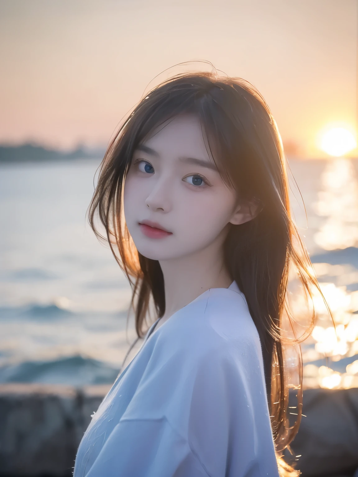 art by Cornflower, fantastic, (A petite girl,Have a pair of beautiful and delicate eyes. The depth of field in the photo was perfect, Lens flare adds a nice touch. The delicate details on her face really stand out, And the rating of this photo definitely higher than 10 points. In the background, There a beautiful ocean there,The sea water crystal clear,There are water droplets on the surface. It's a stunning photo,Really captured the beauty of the girl and the water.),blue eyes