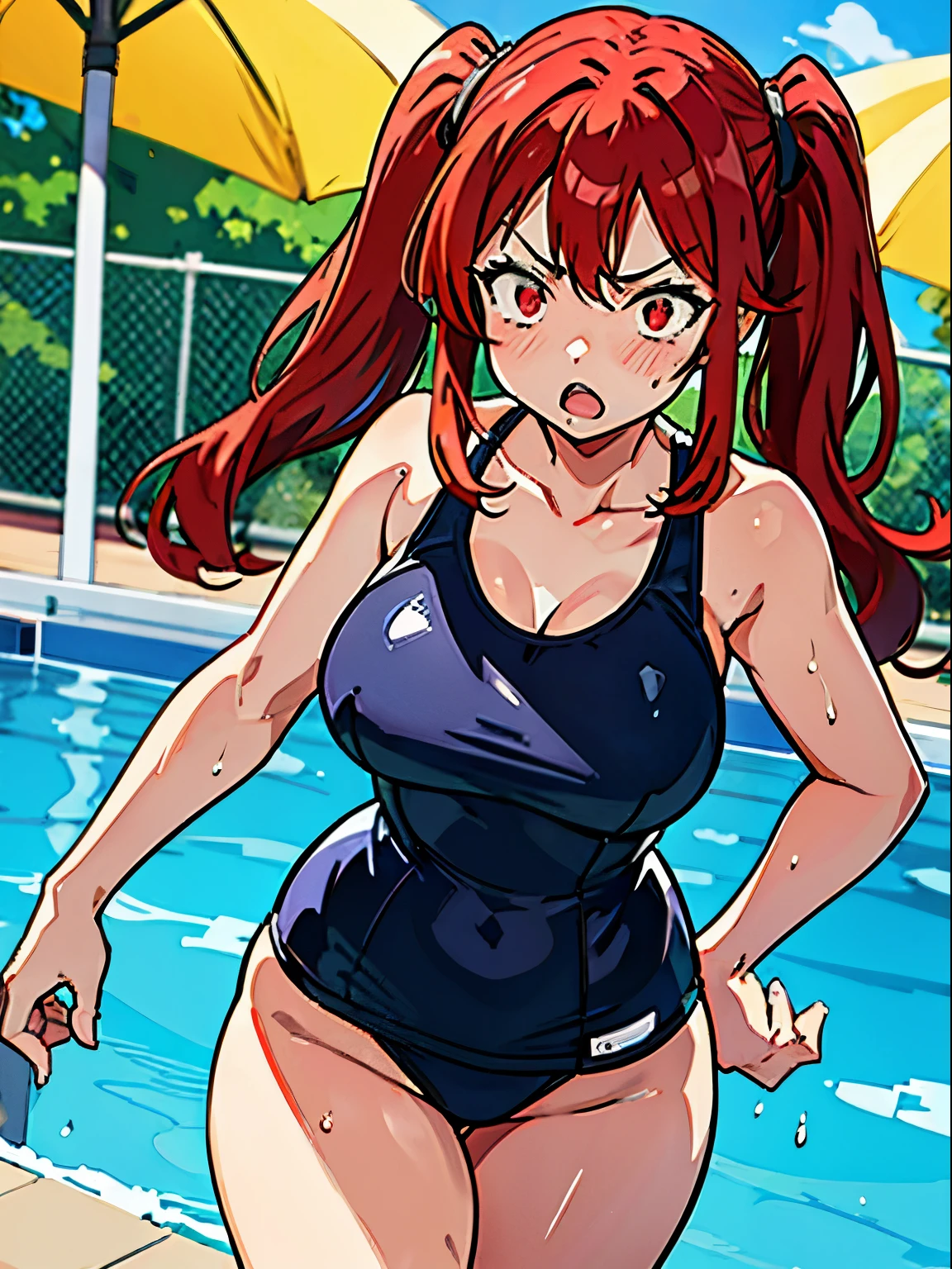 Red haired anime girl, red eyes, twintails, large breasts, thick thighs, glare, yelling, open mouth, crazy, looking at viewer, leaning over, hand on hip, angry, pool, swimsuit, school swim suit, water, water droplets, blush, one-piece
