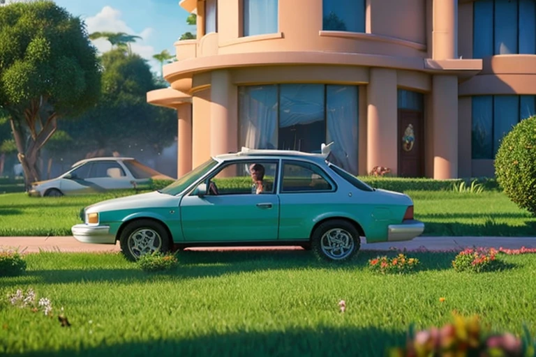 The world of the near future, the house is floating in the air, car floating in the air, Zootopia-like animals live like humans, Wide world, clean plants and water,