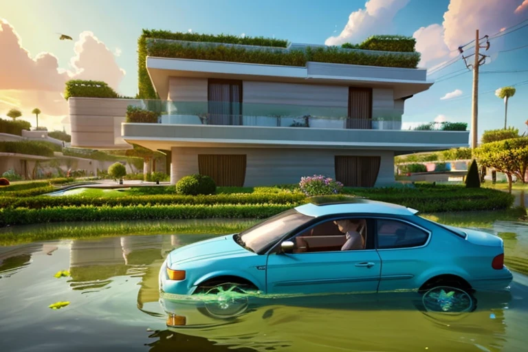 The world of the near future, the house is floating in the air, car floating in the air, Zootopia-like animals live like humans, Wide world, clean plants and water,