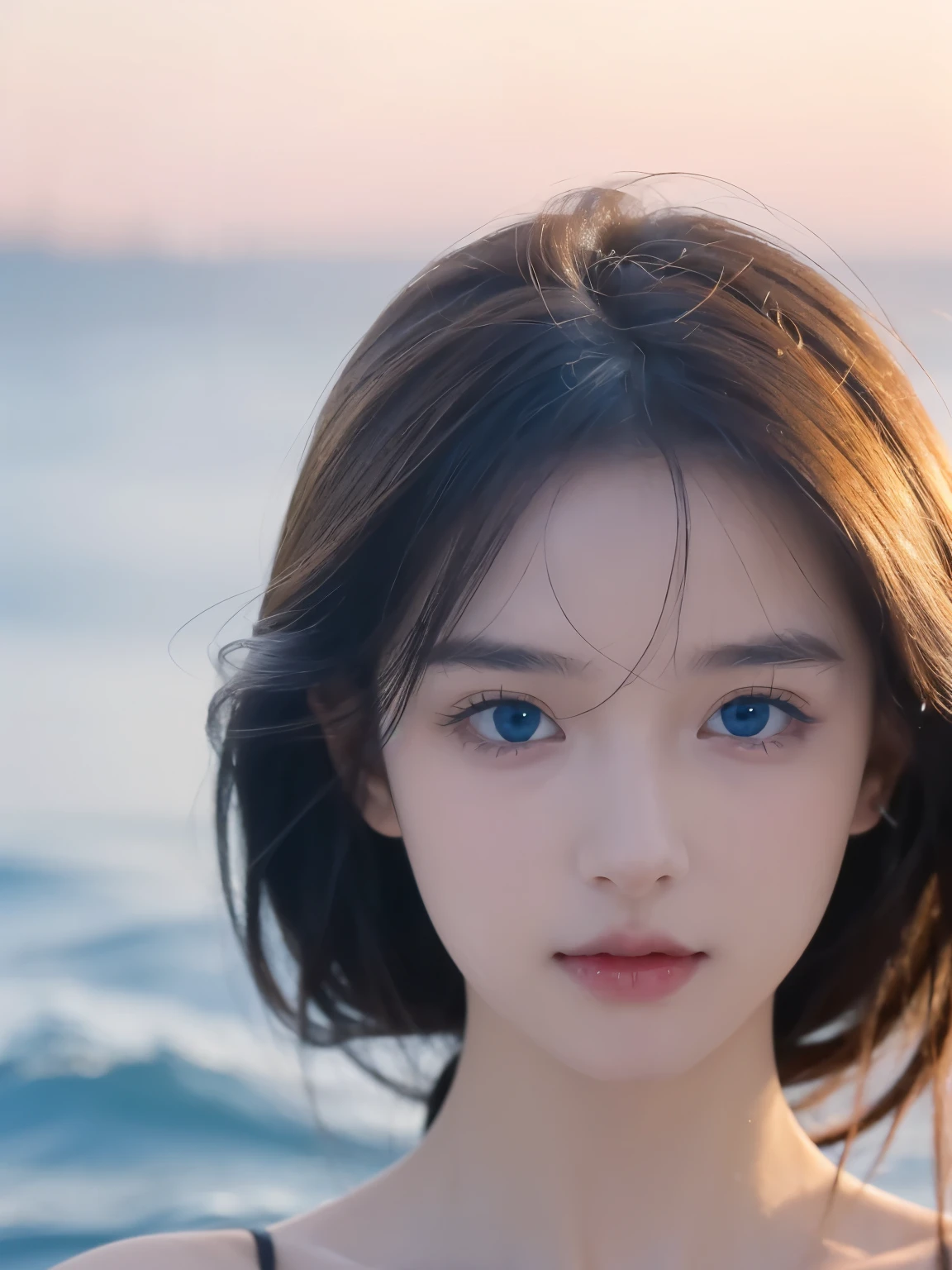 art by Cornflower, fantastic, (A petite girl，Have a pair of beautiful and delicate eyes. The depth of field in the photo was perfect, Lens flare adds a nice touch. The delicate details on her face really stand out, And the rating of this photo  definitely higher than 10 points. In the background, There  a beautiful ocean there，The sea water  crystal clear，There are water droplets on the surface. It's a stunning photo，Really captured the beauty of the girl and the water.)，blue eyes