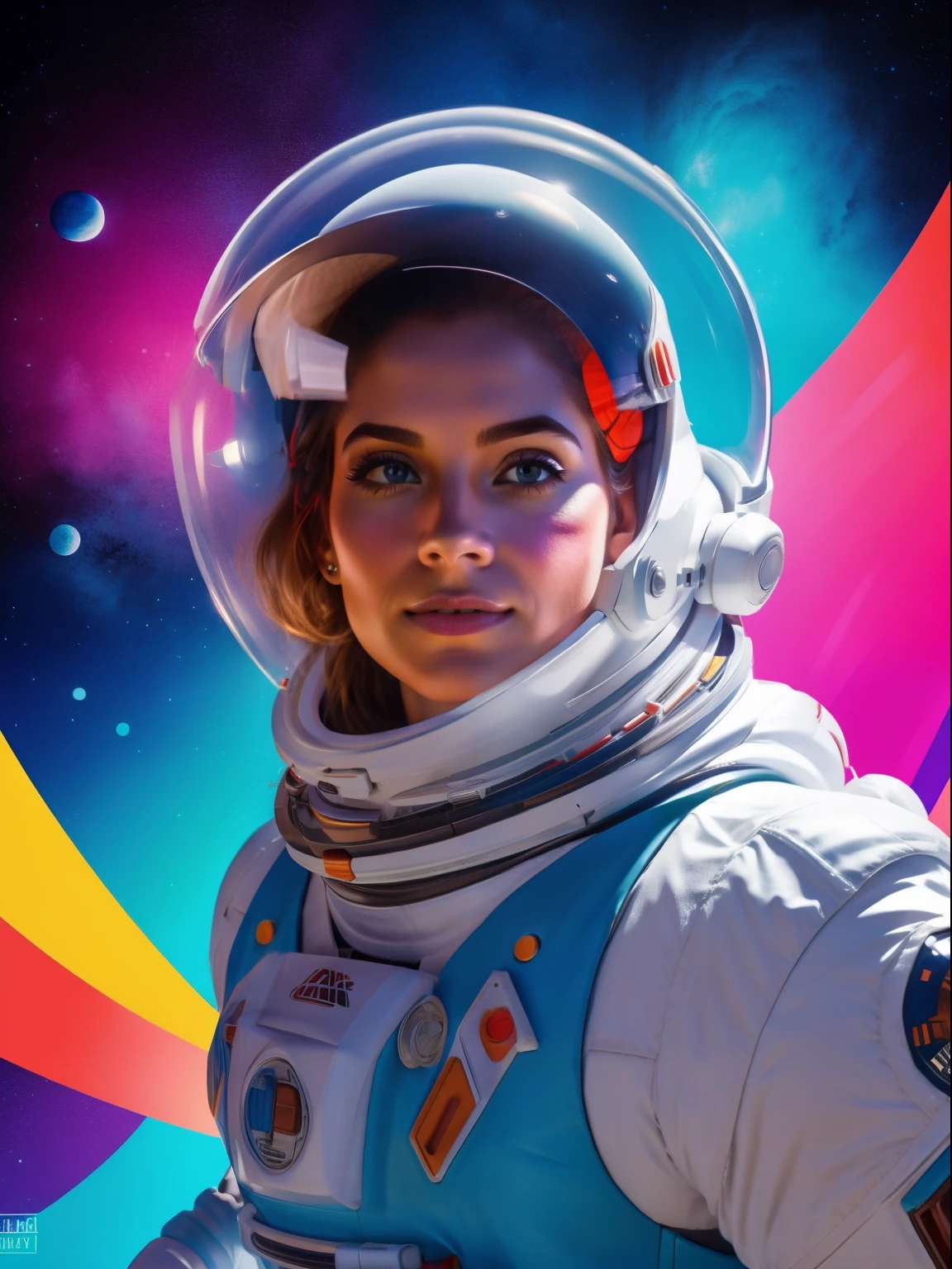 A 30-year-old white woman, With very pale skin, he wears a balloon space suit and a sporty style., In the style of contrasting geometries, Calidad de imagen muy realista, in a bright white area, estilo futurista, 2001 Una odisea del espacio, presenta una sofisticada mezcla de colores degradados, degradado de color, Especialista en retrato de objetos
