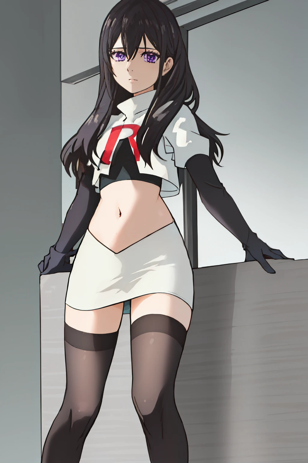 best quality, masterpiece, highres, solo, {aihara_mei_citrus:1.15}, black_hair, long_hair, purple_eyes, hair_between_eyes, 1girl, looking_at_viewer, team rocket,team rocket uniform, red letter R, white skirt,white crop top,black thigh-highs,black elbow gloves