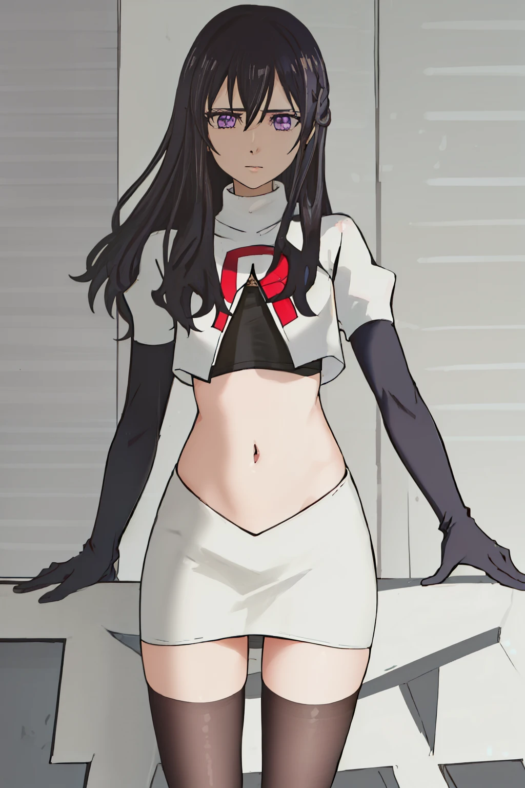 best quality, masterpiece, highres, solo, {aihara_mei_citrus:1.15}, black_hair, long_hair, purple_eyes, hair_between_eyes, 1girl, looking_at_viewer, team rocket,team rocket uniform, red letter R, white skirt,white crop top,black thigh-highs,black elbow gloves