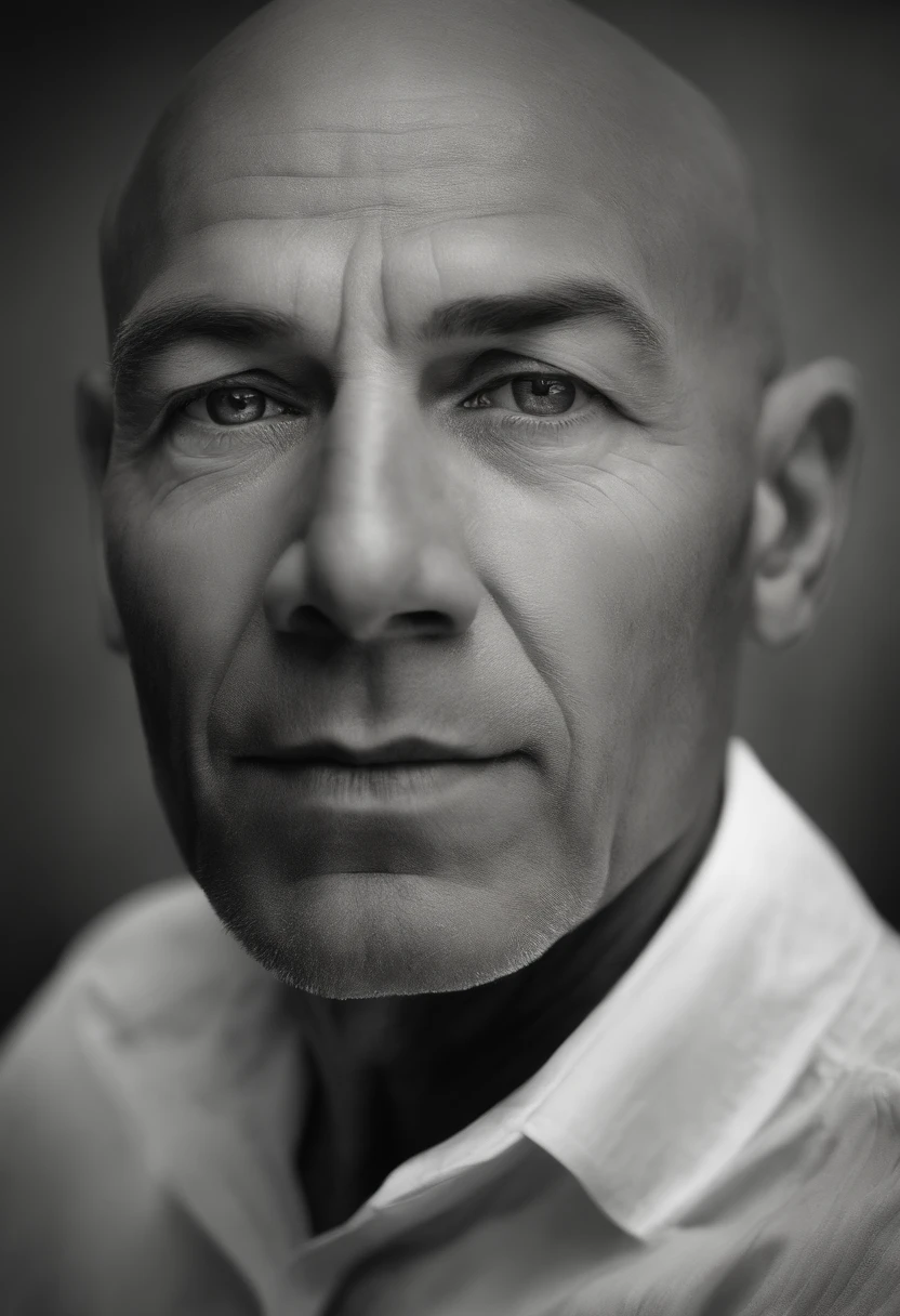Create a hyper-realistic portrait of a bald, wise, and enlightened man with his face directed straight ahead. The man exudes a sense of serenity, intelligence and profound wisdom. His bald head reflects a gentle radiance, while his facial features are intricately captured with lifelike precision and clean shaven. The lines and wrinkles on his face tell stories of experience and knowledge. With his gaze fixed forward, there  a sense of purpose and clarity in his hazel eyes. 