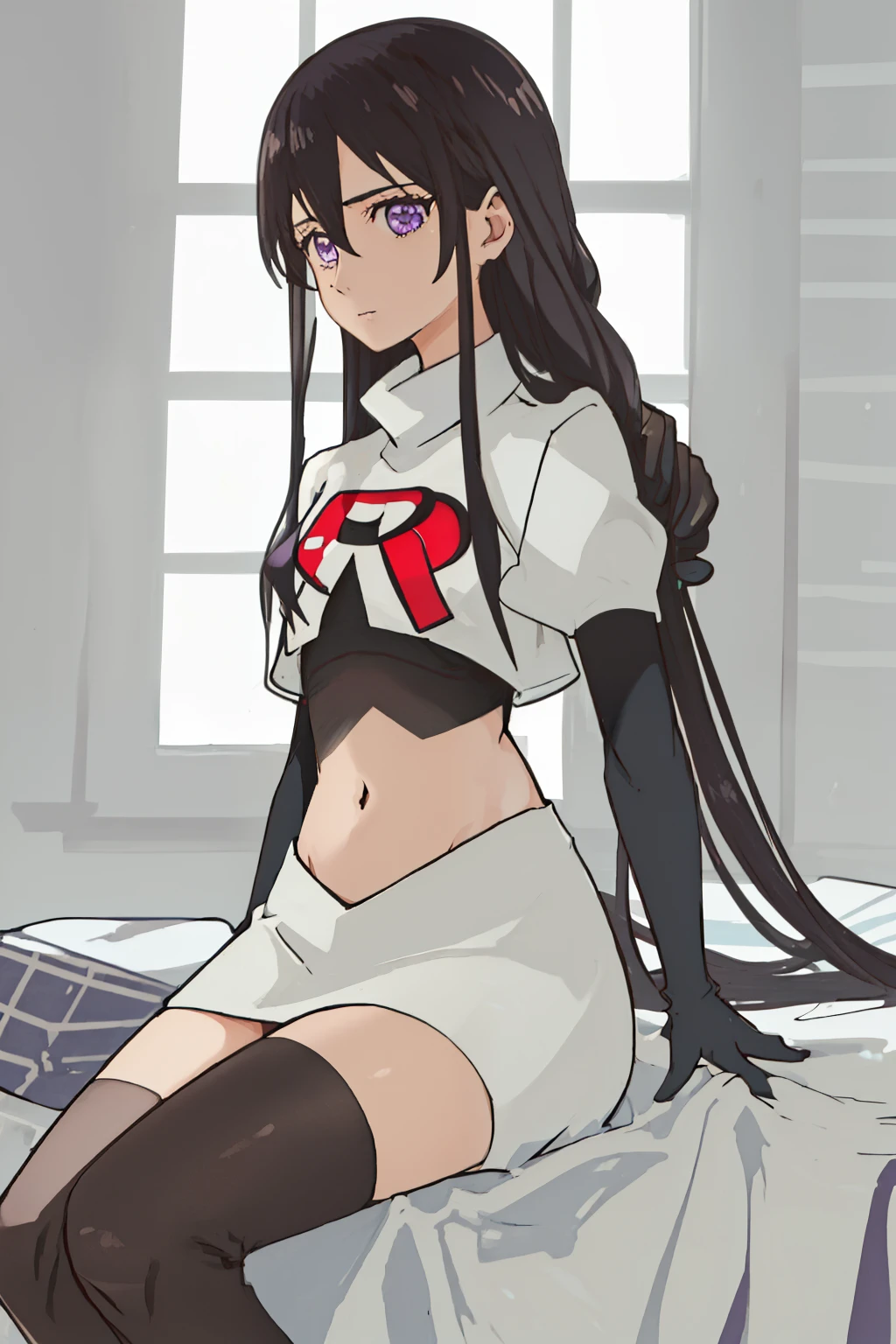 best quality, masterpiece, highres, solo, {aihara_mei_citrus:1.15}, black_hair, long_hair, purple_eyes, hair_between_eyes, 1girl, looking_at_viewer, team rocket,team rocket uniform, red letter R, white skirt,white crop top,black thigh-highs,black elbow gloves
