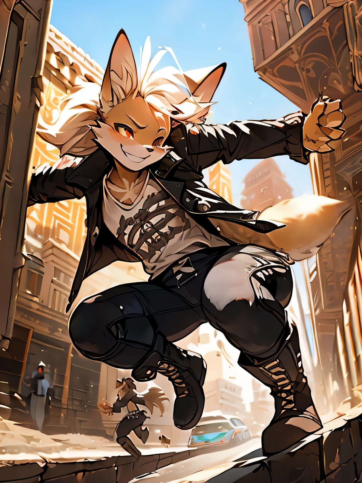 ((female fennec fox)), furry, (rooftop) parkour, running, solo, action, (ruffle shirt), (frilly shirt), long ears, black jeans, biker jacket, steampunk goggles, (windy), crazed, crazy, insane, morocco architecture, unforgettable moment, furry, niji, lack eyeedium long hair，white hair，hair messy, long black jacket，Roof，City view,buliding, Messy hairstyle, Asymmetrical hairstyle defiance,arrogant face,grin face,exhilarated,crazy,Smug face,ridicule,High-top boots,boot,knifes, ​masterpiece, Ultra HDR, full of details, intricate-detail, Japan Anime Studio, wonderful painting, key visual,Red and black, 1 juvenile, Ruins, Black Gloves