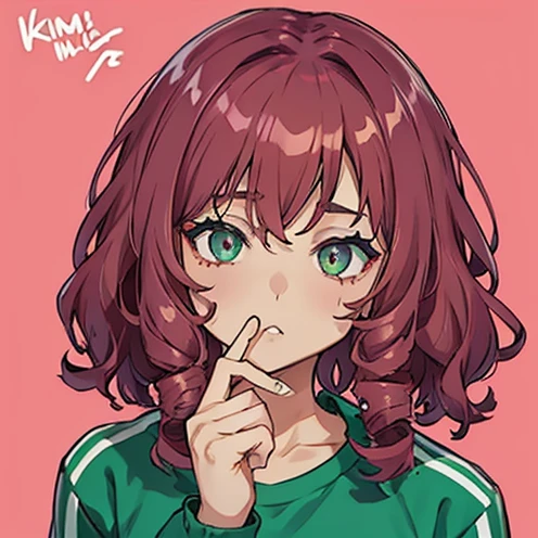 Music Video: Molly Miller wear Green Tracksuit, dark pink hair, medium hair, spiked hair, curly hair, messy hair, hair one side over eyes, by Kim Sujeong, 8k