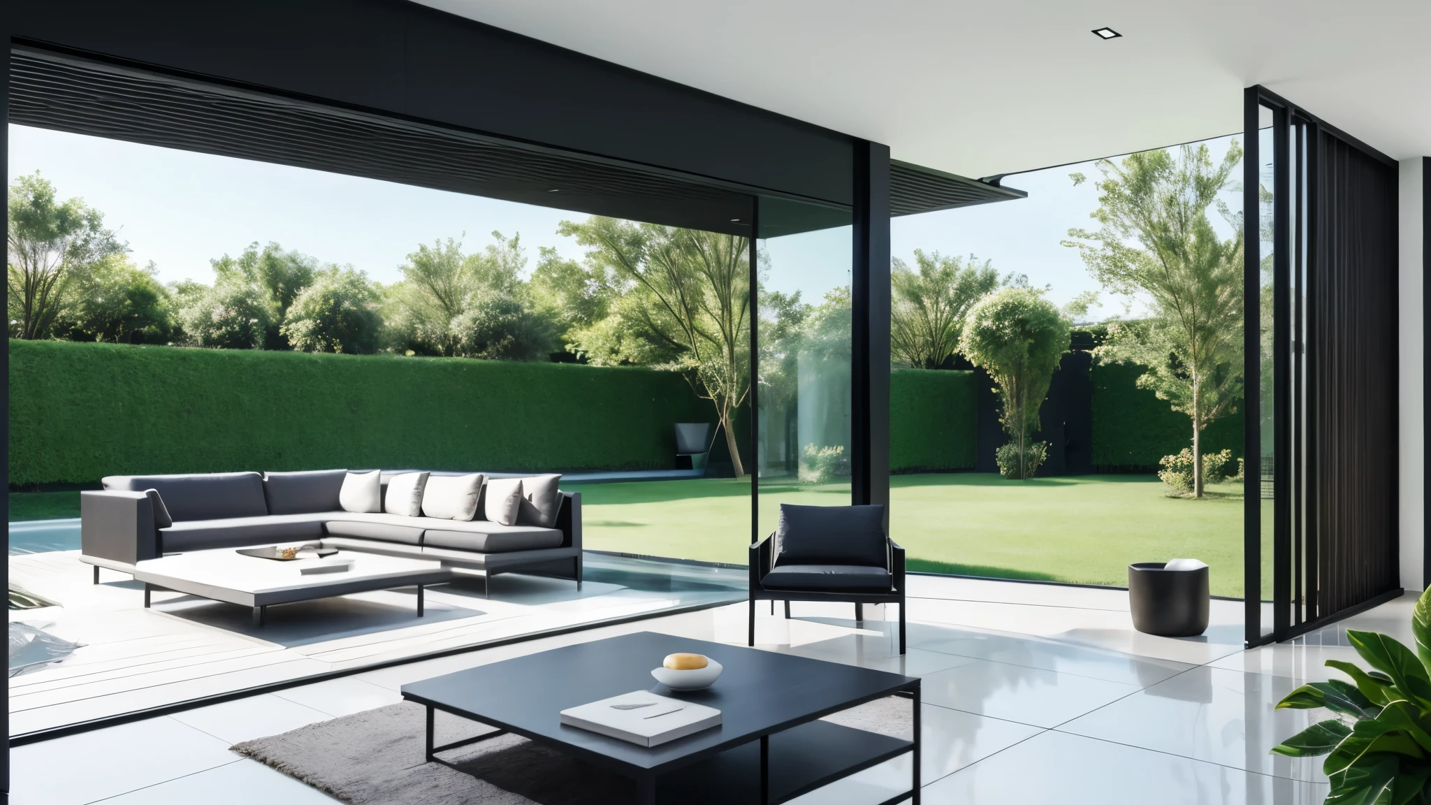 You are a famous interior designer、You have been asked to create a 3D image of a modern large room. Create a harmonious environment with modern and minimalist furniture. Including garden interior.