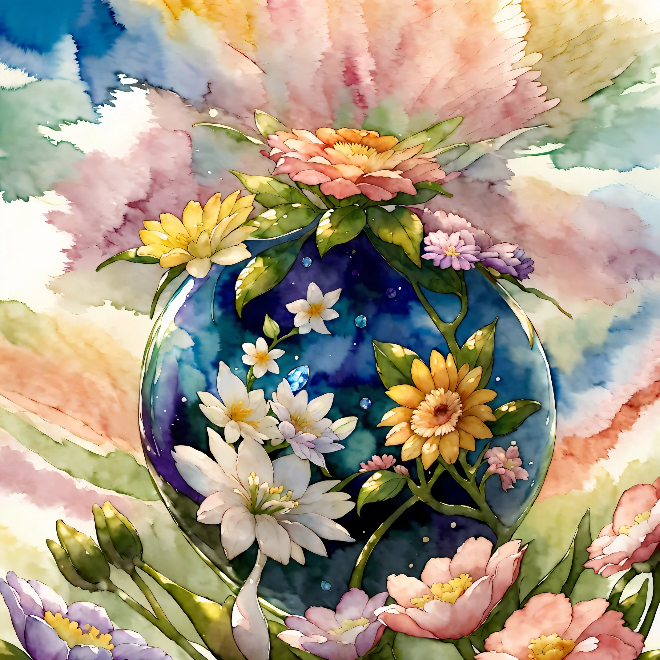 (8K, RAW photo, 最high quality, masterpiece:1.2), (watercolor painting), High-definition RAW color photo, Professional photo shoot, cinematic light, alone, Flowers flutter, フレームいっぱいにFlowers flutter, Colorful flowers inside a round crystal ball, Surrounding flowers, ((Extreme background bokeh, high quality, surreal, bright colors, ((very detailed, photo shoot)),