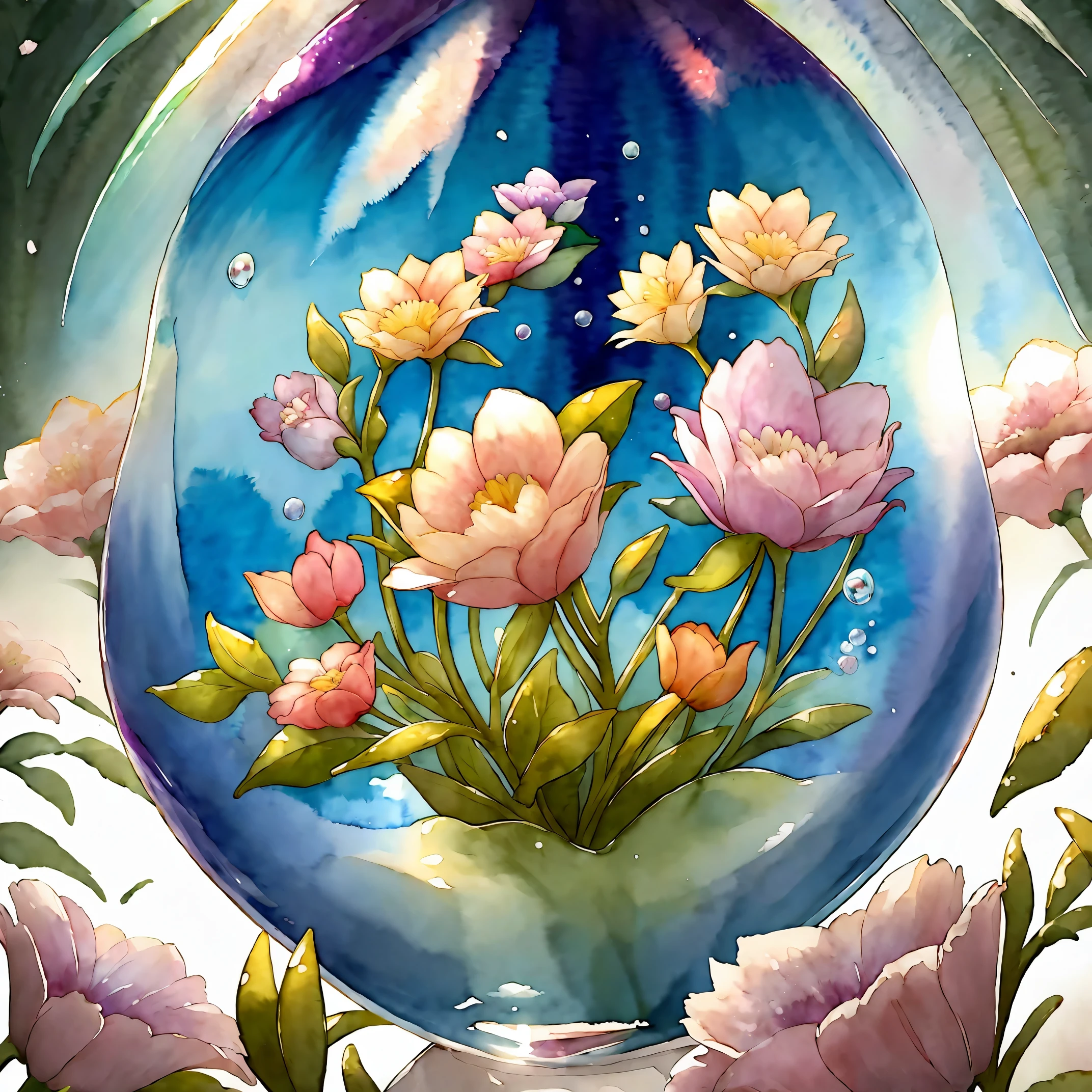 (8K, RAW photo, 最high quality, masterpiece:1.2), (watercolor painting), High-definition RAW color photo, Professional photo shoot, cinematic light, alone, Flowers flutter, フレームいっぱいにFlowers flutter, Colorful flowers inside a round crystal ball, Surrounding flowers, ((Extreme background bokeh, high quality, surreal, bright colors, ((very detailed, photo shoot)),