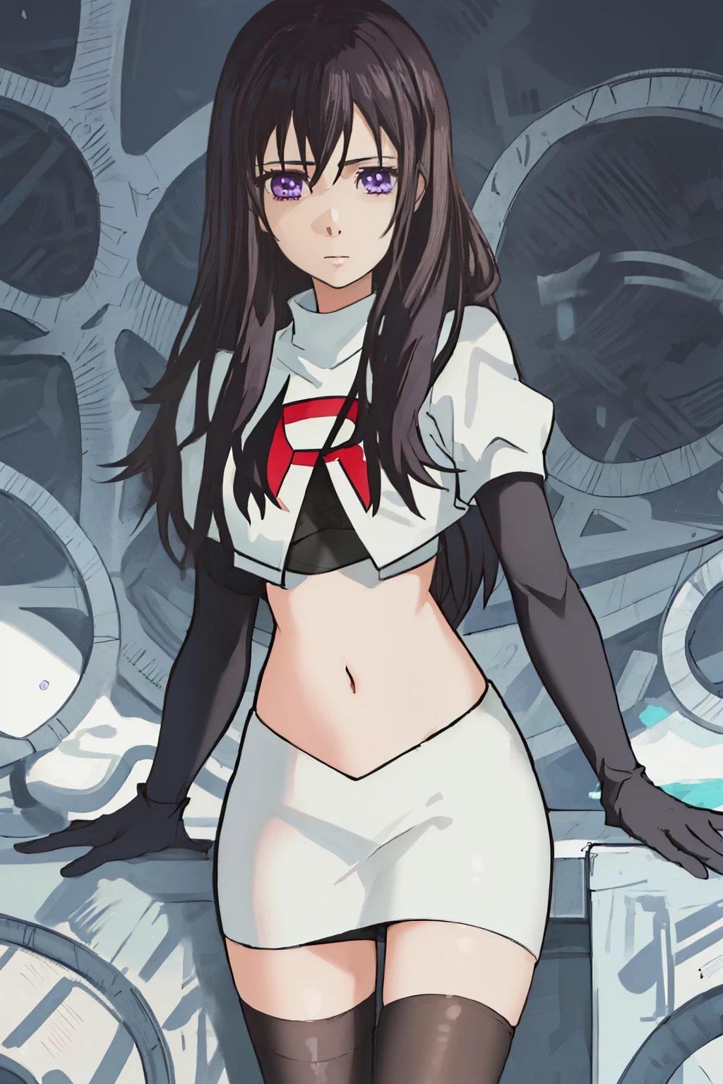 best quality, masterpiece, highres, solo, {aihara_mei_citrus:1.15}, black_hair, long_hair, purple_eyes, hair_between_eyes, 1girl, looking_at_viewer, team rocket,team rocket uniform, red letter R, white skirt,white crop top,black thigh-highs,black elbow gloves