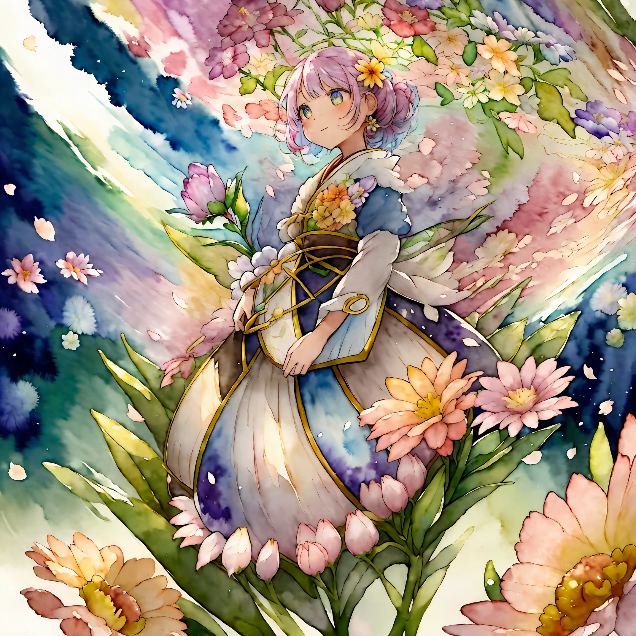 (8K, RAW photo, 最high quality, masterpiece:1.2), (watercolor painting), High-definition RAW color photo, Professional photo shoot, cinematic light, alone, Flowers flutter, フレームいっぱいにFlowers flutter, Colorful flowers inside a round crystal ball, Surrounding flowers, ((Extreme background bokeh, high quality, surreal, bright colors, ((very detailed, photo shoot)),