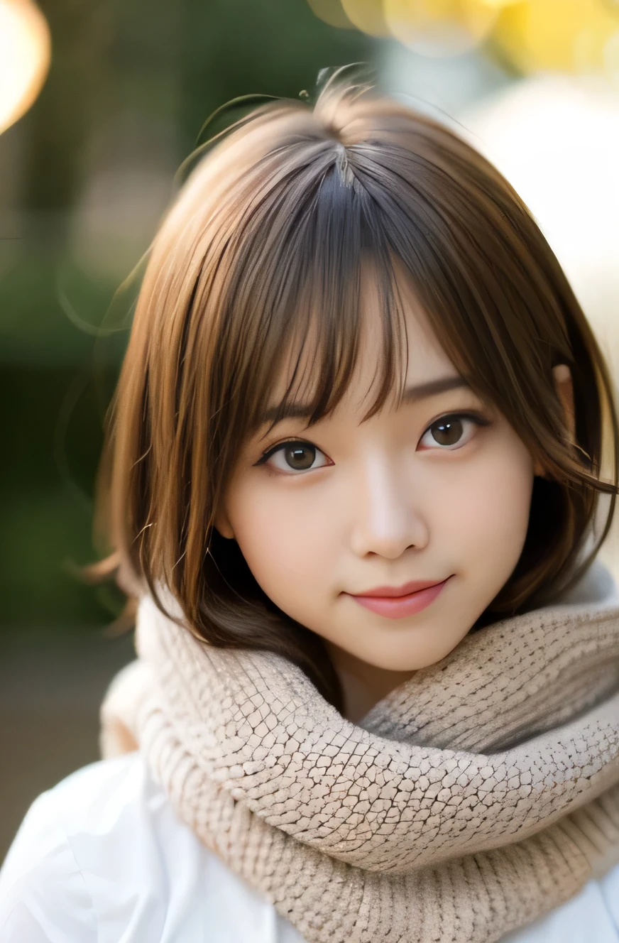 highest quality, Focus on the eyes, soft light, Use reflector to brighten your face, (Depth of bounds written) ,ultra high resolution, (realistic:1.4), RAW photo, (Bokeh:1.4), 1 girl, japanese girl, 15 years old, so beautiful, nogizaka girls, female idol, very pretty, alone, cute, (gentle smile :1.3), smile, round big eyes, droopy eyes, medium sized breasts, brown hair, short hair, small nostrils, (looking at the viewer:1.2),