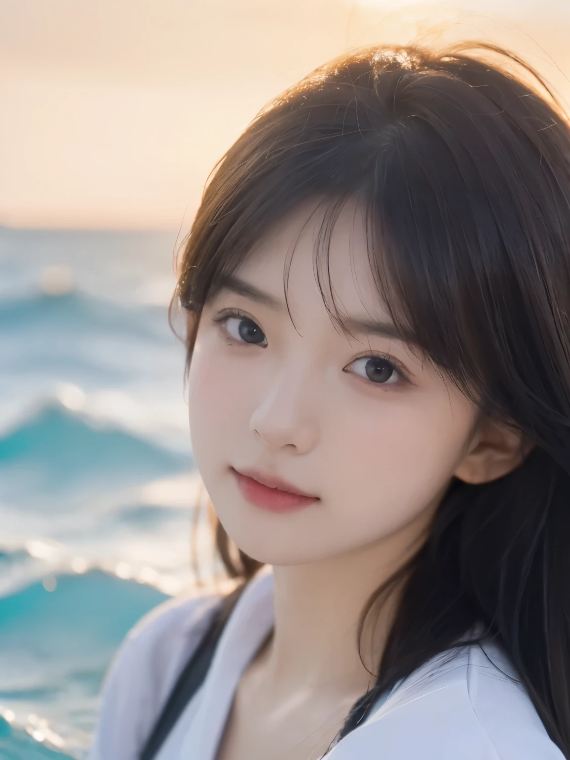 art by Cornflower, fantastic, (A petite girl,Have a pair of beautiful and delicate eyes. The depth of field in the photo was perfect, Lens flare adds a nice touch. The delicate details on her face really stand out, And the rating of this photo definitely higher than 10 points. In the background, There a beautiful ocean there,The sea water crystal clear,There are water droplets on the surface. It's a stunning photo,Really captured the beauty of the girl and the water.)