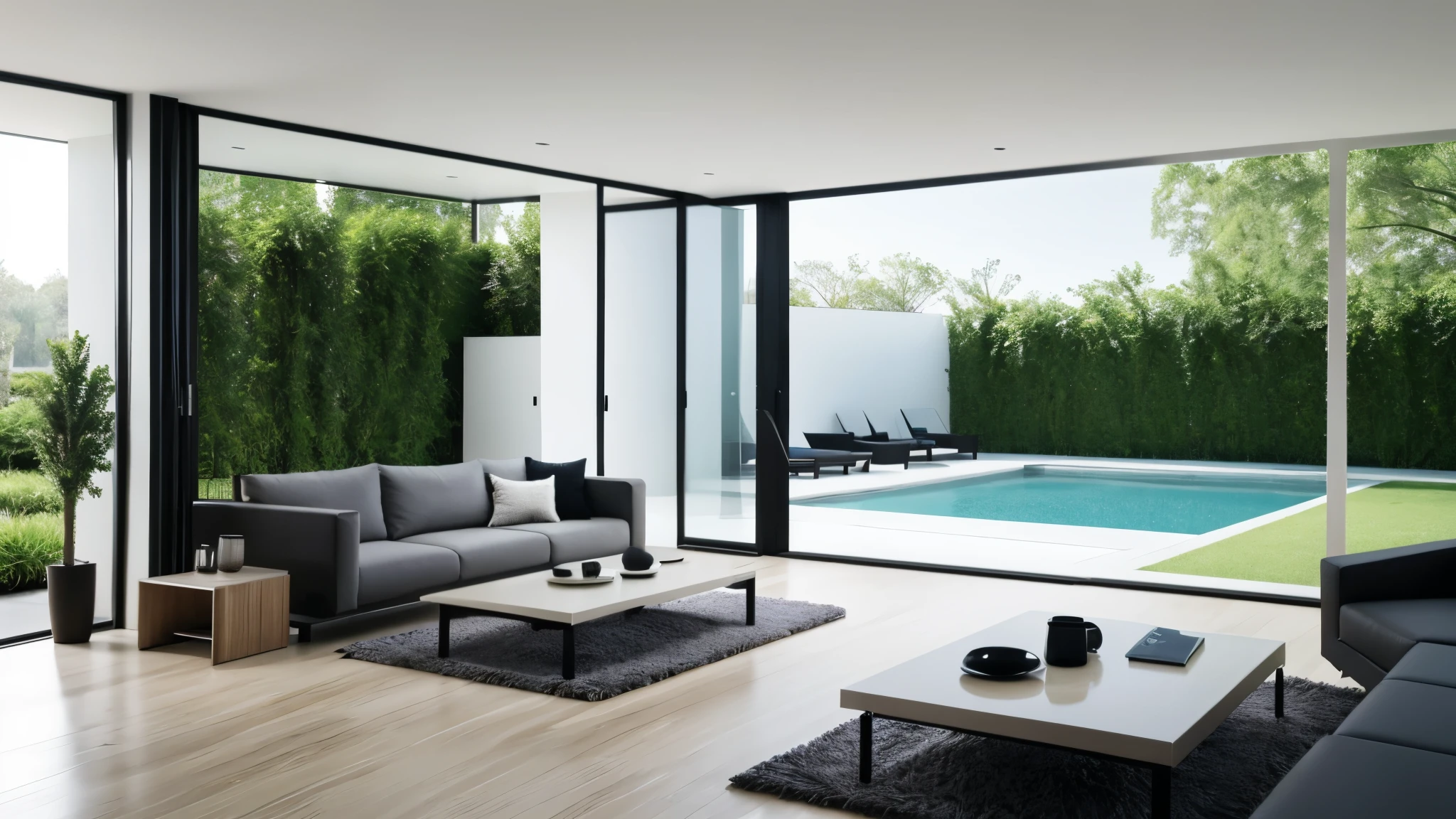 You are a famous interior designer、You have been asked to create a 3D image of a modern large room. Create a harmonious environment with modern and minimalist furniture. Including garden interior.