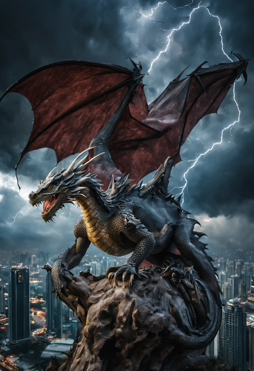 Hyperrealistic Fantasy photography of a dragon perched on KLCC, with a stormy sky and lightning in the background Fighting with Malaysian Armed Forces.