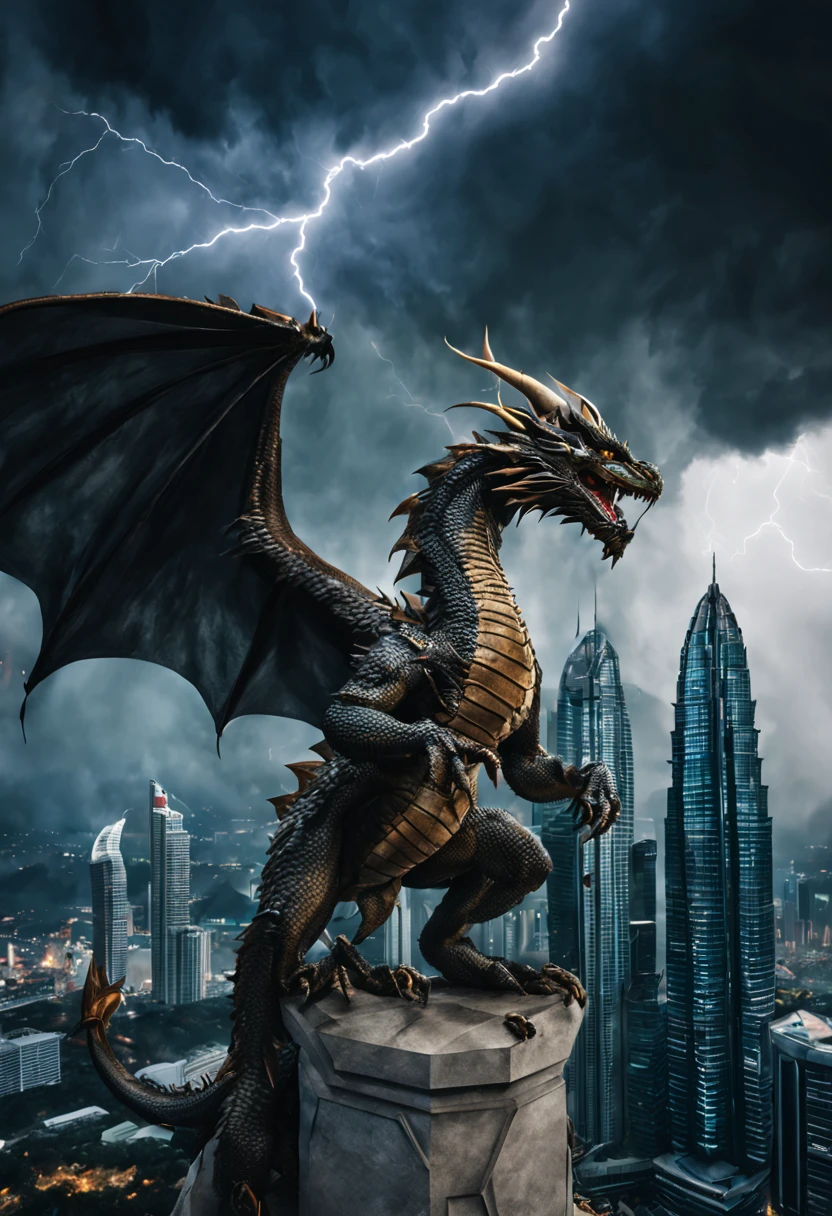 Hyperrealistic Fantasy photography of a dragon perched on KLCC, with a stormy sky and lightning in the background Fighting with Malaysian Armed Forces.