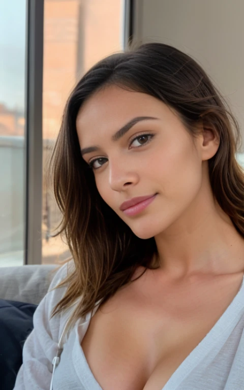 Jolie belle brune, sexy, Selfie, décolleté, highly detailed, 18 ans, visage innocent, naturally wavy hair, yeux bleus, high resolucion, tmasterpiece, Meilleur Qulaity, intricate high detail, detailed skin, realistic skin texture, mise au point nette, texture, detailled eyes, yeux net, professionnel, 4K, sourire charmant, prise avec Canon, 85 mm, Light depth of field, Kodak Vision Couleur, perfect fit body, extremly detailed, photographier_\(ultra\), photographierréaliste, Realstic, Post-traitement, maximum details, roughness, real life, ultrarealistic, photorealism, photographie, 8K UHD, on a sofa with a pink nike brah