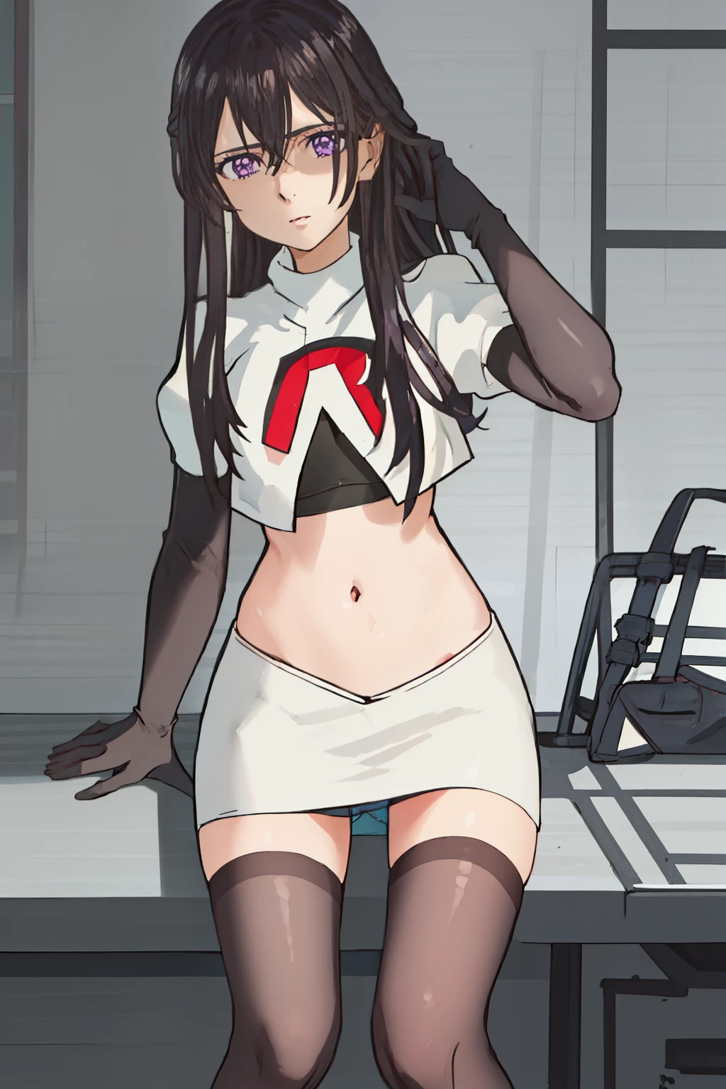 best quality, masterpiece, highres, solo, {aihara_mei_citrus:1.15}, black_hair, long_hair, purple_eyes, hair_between_eyes, 1girl, looking_at_viewer, team rocket,team rocket uniform, red letter R, white skirt,white crop top,black thigh-highs,black elbow gloves
