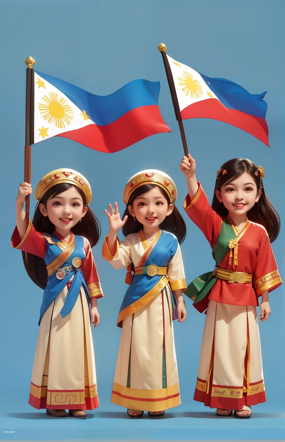 three girls in national costumes holding a philippines flag, official illustration, philippines, official fanart, fanart, by Eddie Mendoza, official artwork, official art, 1970s philippines, by Juan O'Gorman, sachin teng, folkloric illustration, godesses, portrait of modern darna, by Natasha Tan, jen bartel, fanart ”. Make the image realistic.