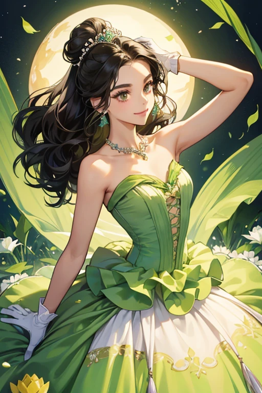 She has brown skin, medium-length, wavy, black hair usually tied in a low ponytail, light brown eyes with pink eye shadow, a bright smile, and dimples. she wear a green sparkling strapless sleeveless ball gown. The gown's petticoat is a light yellow color. Along with the gown, Tiana wears light green opera gloves, green shoes to match the gown, a light blue diamond necklace with matching earrings, and a lily pad tiara to top it all off. With this outfit, Tiana's hair is pinned up in an updo bun.
