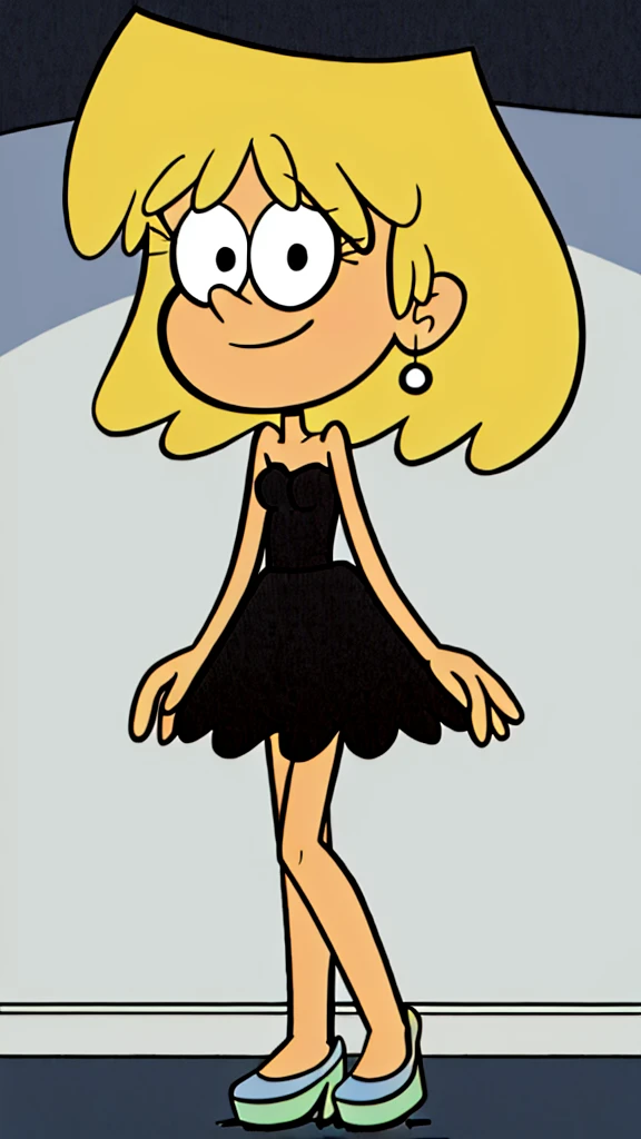 (masterpiece:1.4), (best quality:1.4), (high resolution:1.4), cartoon style, 2D illustration, solo, 1 girl, loriloud, highres, blonde hair, black eyes, bare neck, bare shoulders, white-skinned female, little black dress, black strapless dress, small choker, smile, black high heels, seductive, detailed, soft lighting, in bedroom, standing up, hand on a hip, full body.