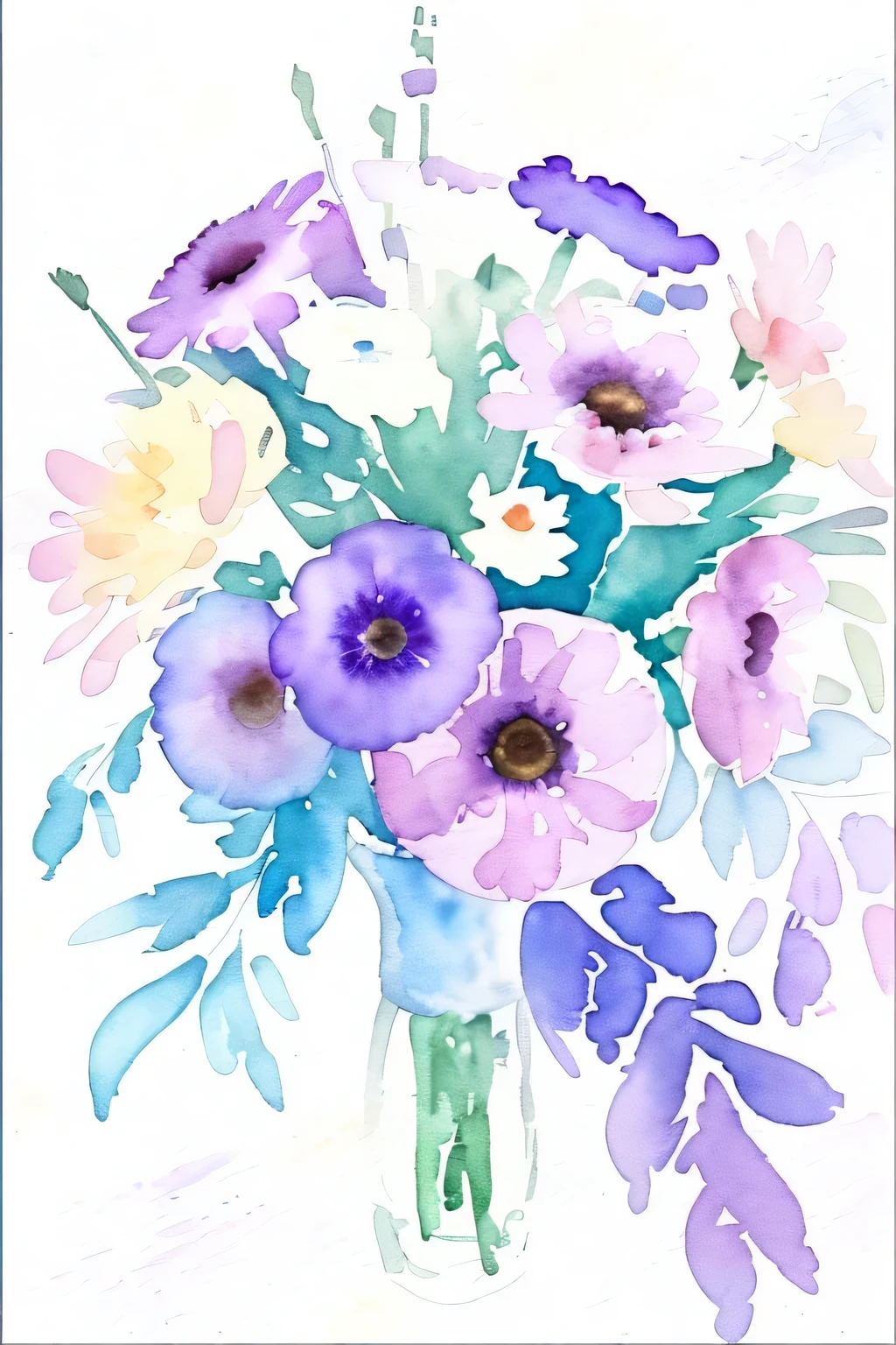 painting of a bouquet of flowers with purple and white flowers, watercolour painting, watercolor painting, water color painting, aquarelle painting, water colour, watercolor painting style, waterpaint art, watercolour, watercolours, leaning towards watercolor, by Cheng Shifa, water color art on paper, watercolor, watercolor art, realistic watercolour, by Phyllis Ginger, light watercolour painting