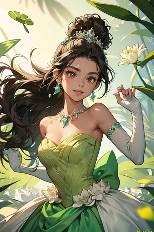 She has dark skin, medium-length, wavy, black hair usually tied in a low ponytail, light brown eyes with pink eye shadow, a bright smile, and dimples. she wear a green sparkling strapless sleeveless ball gown. The gown's petticoat is a light yellow color. Along with the gown, Tiana wears light green opera gloves, green shoes to match the gown, a light blue diamond necklace with matching earrings, and a lily pad tiara to top it all off. With this outfit, Tiana's hair is pinned up in an updo bun.