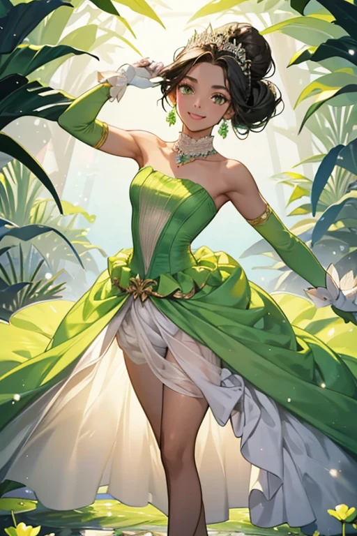 She has dark skin, medium-length, wavy, black hair usually tied in a low ponytail, light brown eyes with pink eye shadow, a bright smile, and dimples. she wear a green sparkling strapless sleeveless ball gown. The gown's petticoat is a light yellow color. Along with the gown, Tiana wears light green opera gloves, green shoes to match the gown, a light blue diamond necklace with matching earrings, and a lily pad tiara to top it all off. With this outfit, Tiana's hair is pinned up in an updo bun.