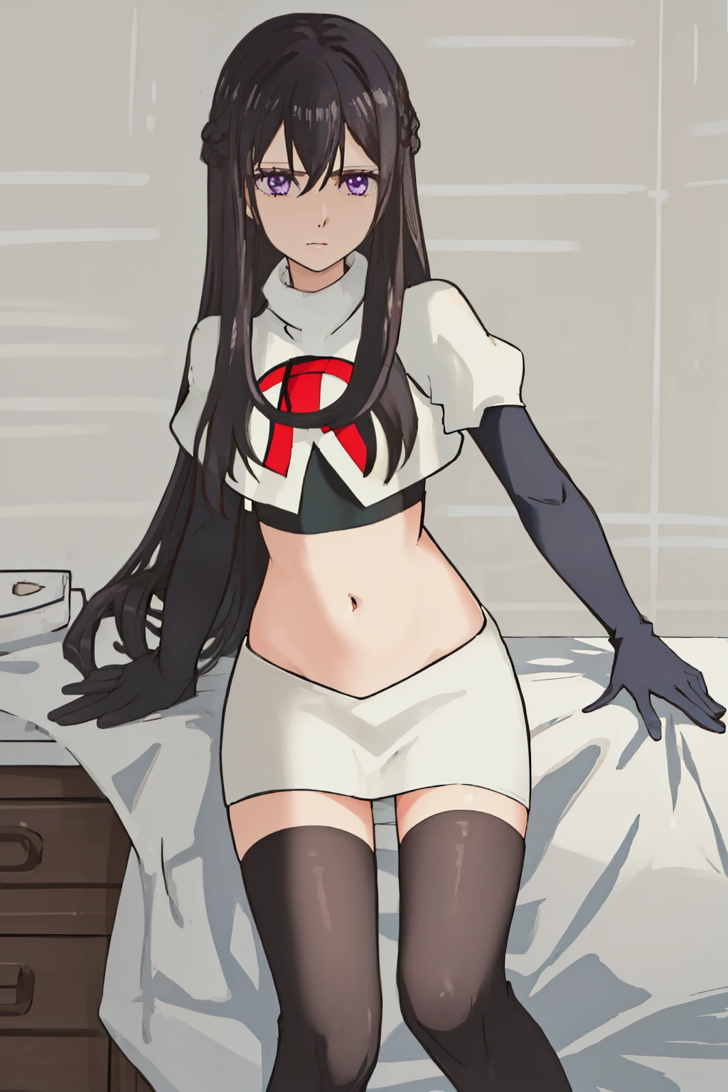 best quality, masterpiece, highres, solo, {aihara_mei_citrus:1.15}, black_hair, long_hair, purple_eyes, hair_between_eyes, 1girl, looking_at_viewer, team rocket,team rocket uniform, red letter R, white skirt,white crop top,black thigh-highs,black elbow gloves