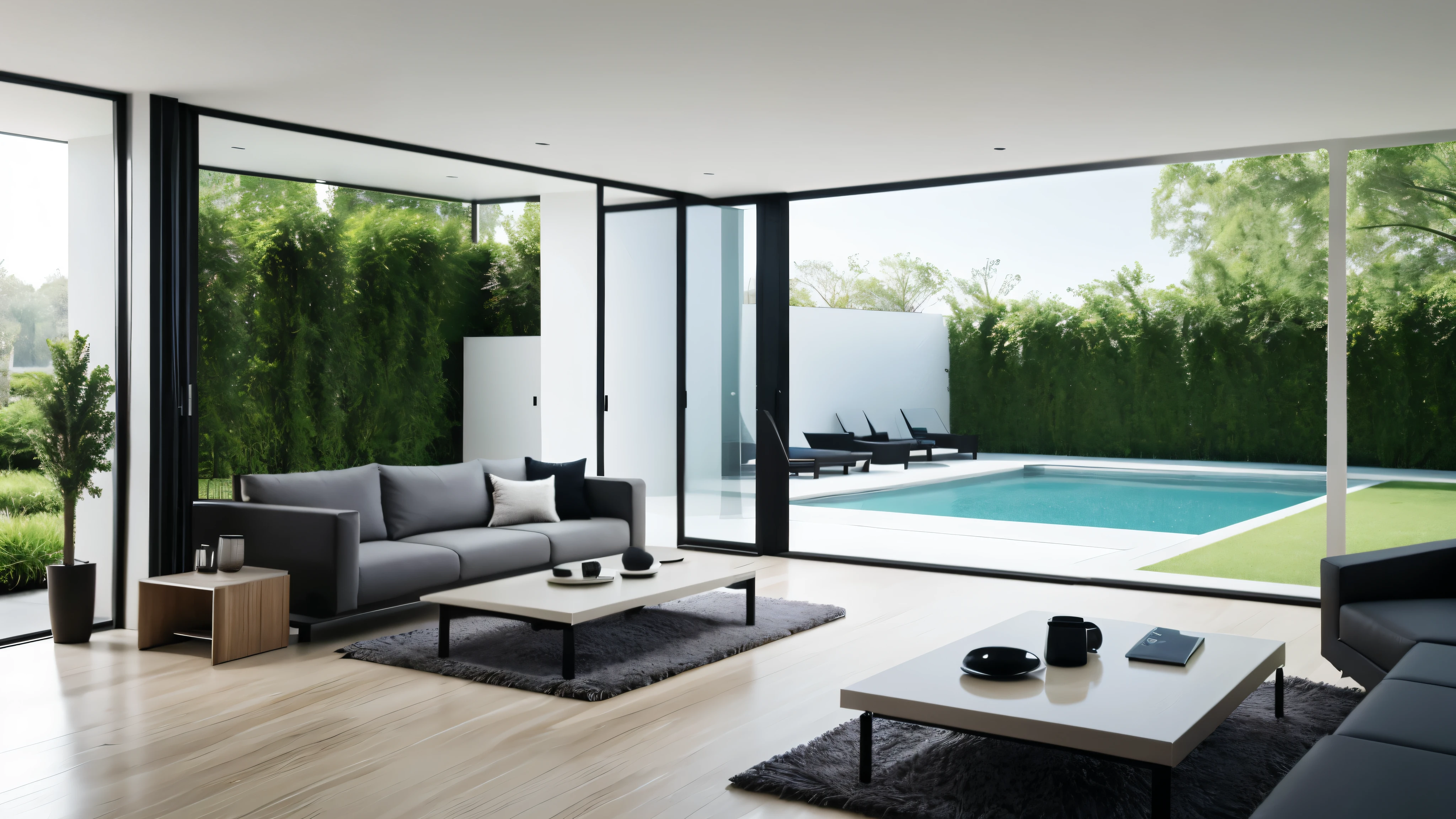 You are a famous interior designer、You have been asked to create a 3D image of a modern large room. Create a harmonious environment with modern and minimalist furniture. Including garden interior.