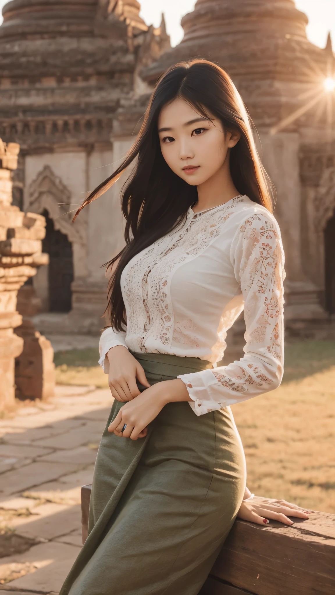 A girl with long hair, detailed face and eyes, v shape face, beautiful face, feminine figures, standing, backlit lighting, exquisitely detailed, masterpiece:1.2, best quality, vivid colors, 4k, HDR, intricate details, warm sunlight, landscape, architecture, nature, bagan ancient pagoda background, acmm ls outfit, wearing acmm top, olive green acmm top, long sleeves, wearing acmm long skirt, olive green acmm long skirt, printed skirt