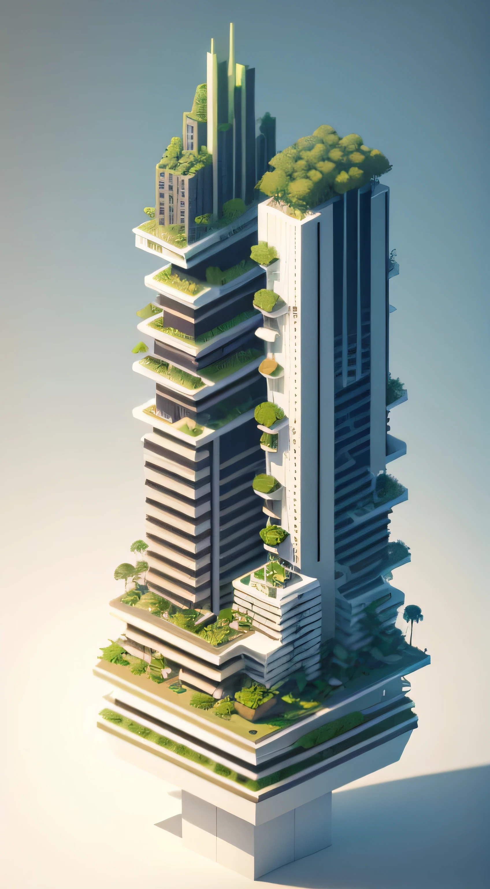 Vertical forest city, isometric art, building, floating island, light background, clean background, white background, holographic white, minimalism, --auto