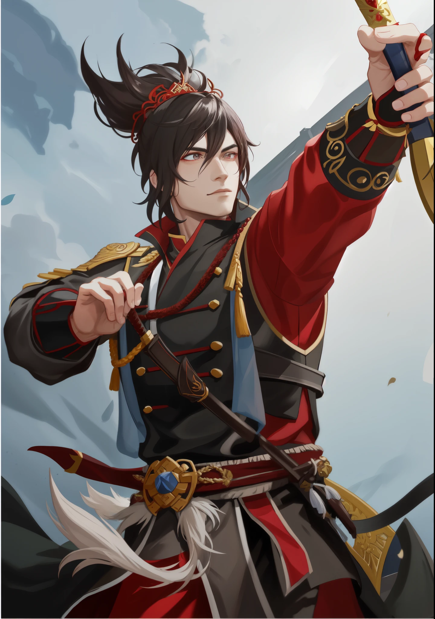The French-German image shows a man wearing red and black clothinan holding, lighthearted, Chinese warrior, zhao yun, inspired by Li Rongjin, Inspired by Fan Kuan, epic samurai, hand boy, Inspired by Zhibai, Avatar picture, Hand Bow, mongol, feng shu, Otter hand,three kingdom,Unparalleled in the Three Kingdoms
