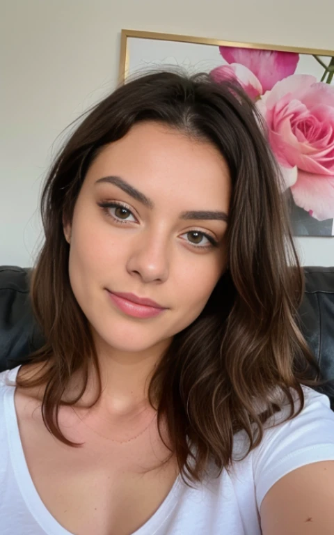 Jolie belle brune, sexy, Selfie, décolleté, highly detailed, 18 ans, visage innocent, naturally wavy hair, yeux bleus, high resolucion, tmasterpiece, Meilleur Qulaity, intricate high detail, detailed skin, realistic skin texture, mise au point nette, texture, detailled eyes, yeux net, professionnel, 4K, sourire charmant, prise avec Canon, 85 mm, Light depth of field, Kodak Vision Couleur, perfect fit body, extremly detailed, photographier_\(ultra\), photographierréaliste, Realstic, Post-traitement, maximum details, roughness, real life, ultrarealistic, photorealism, photographie, 8K UHD, on a sofa with a pink nike t-shirt