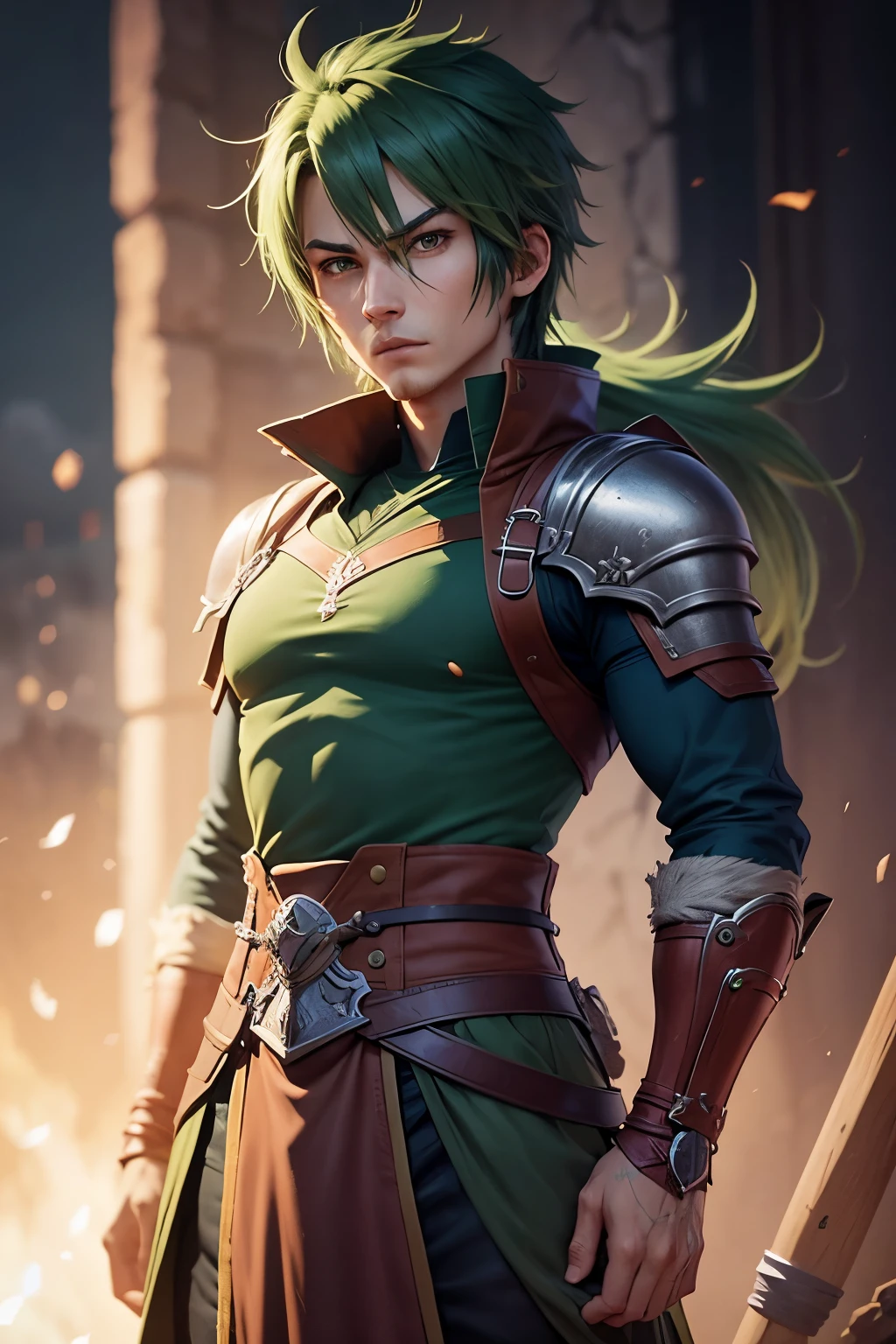 Final fantasy style, pixelated, character, cartoon, a warrior, role-playing character, legendary hero, 2 d game isometric art, masterpiece, super detailing, digital quality at best, green hair, blue military uniform, a red fabric tied on the left shoulder