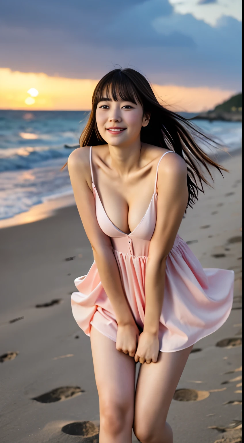 Wearing a silks dress、⦅huge breast:1.5⦆, 18 years old,⦅Skin revealing⦆、Chest pulling pose、absolutely outstanding image, very extremely beautiful、masterpiece, top-quality,a picture, kawaii、8K、stand on beach at sunset, bukkake, full body, nice legs, (openlegs:1.2) , slender legs, wind blows, (cleavage:1.3) , high quality, ultra detailed, angle from bottom, massive bukkake, nipple,