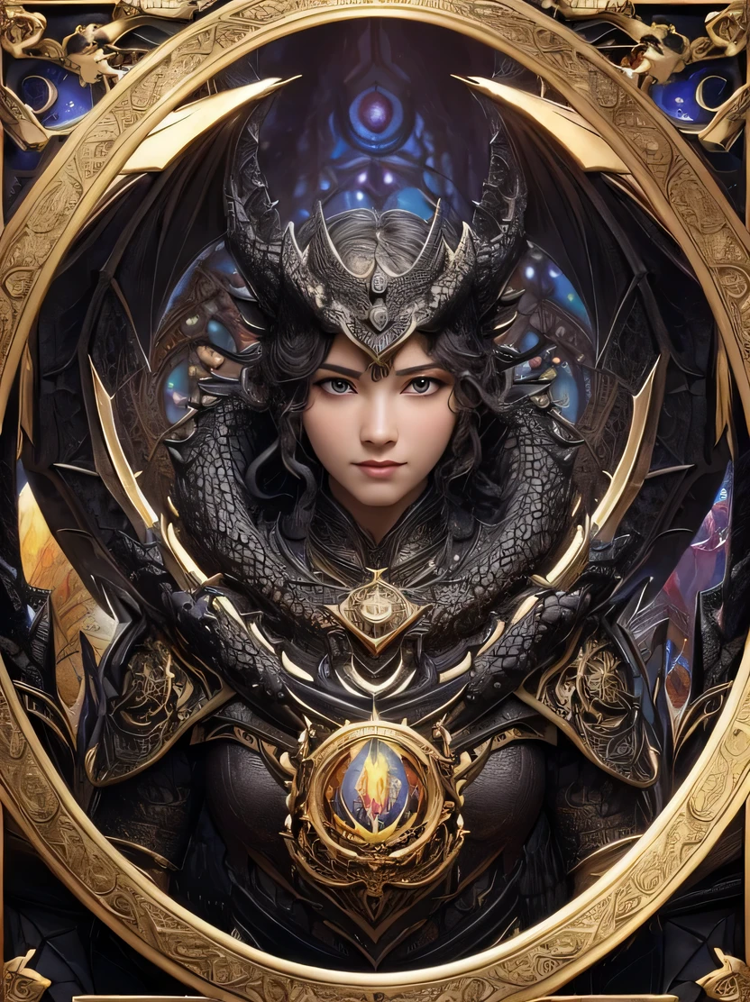 ((masterpiece、highest quality、Super detailed、High resolution、realistic、sharp focus、cinematic lighting))、((there are no humans、black dragon in the cave))、official art、Tarot card illustration、Mucha'Impact of、fractal、Geometric pattern、victorian style frames、Encrusted with seven colored crystals