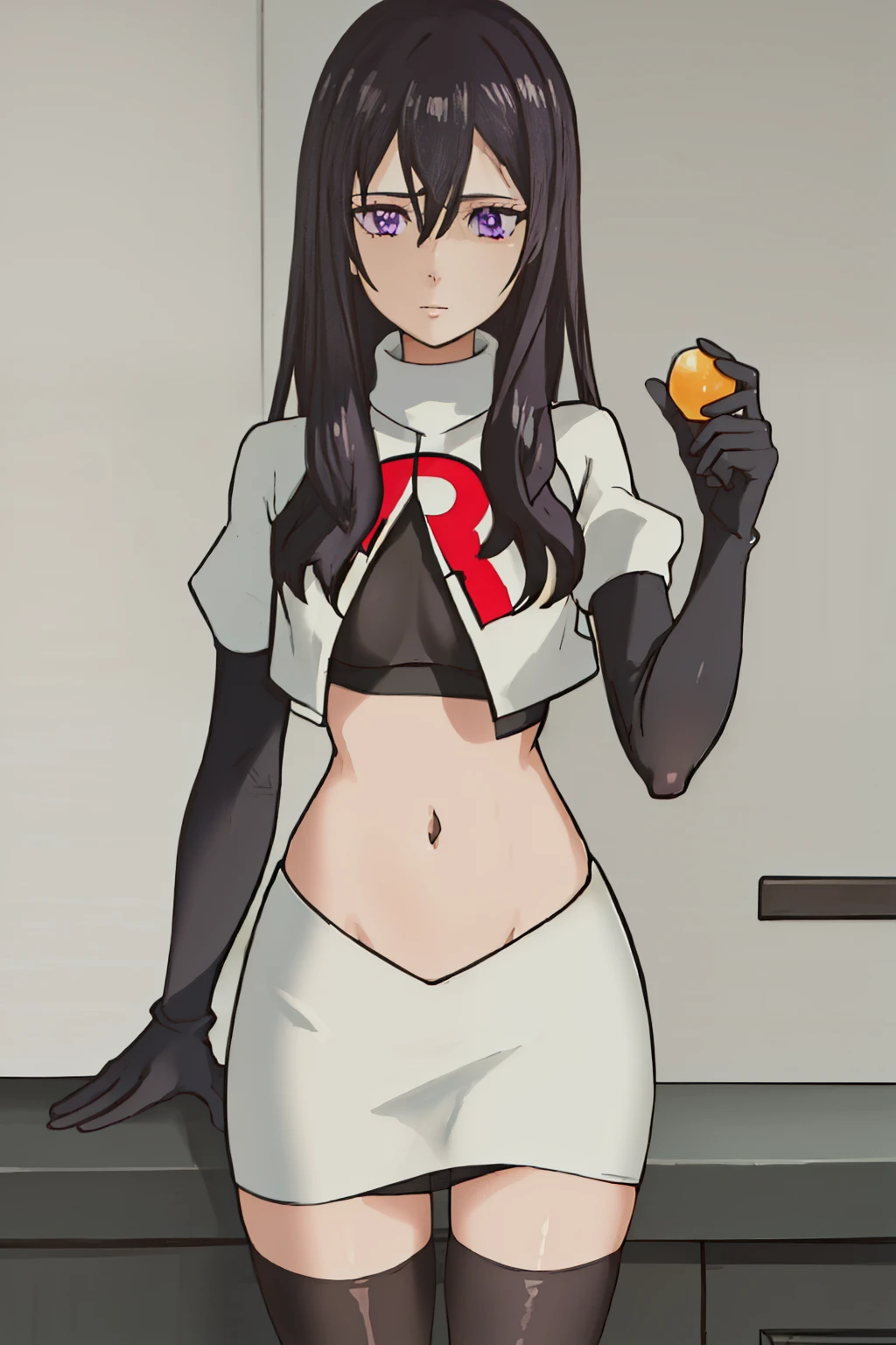 best quality, masterpiece, highres, solo, {aihara_mei_citrus:1.15}, black_hair, long_hair, purple_eyes, hair_between_eyes, 1girl, looking_at_viewer, team rocket,team rocket uniform, red letter R, white skirt,white crop top,black thigh-highs,black elbow gloves